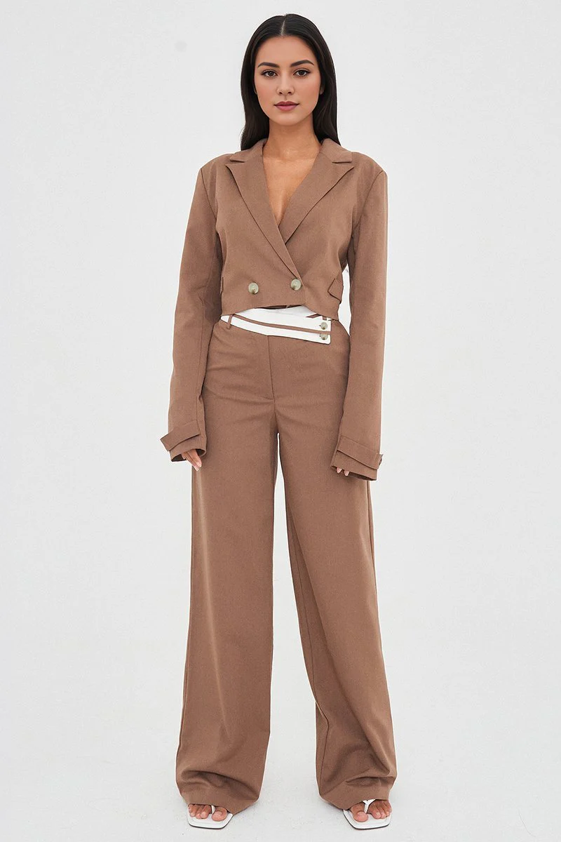 KATCH ME Deep V Button Cropped Blazer Loose Trousers Co-ord Set