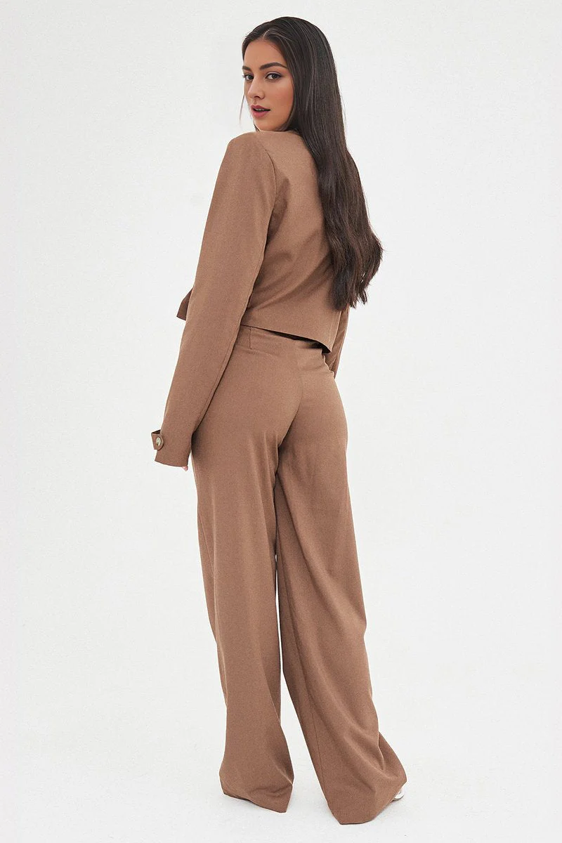 KATCH ME Deep V Button Cropped Blazer Loose Trousers Co-ord Set - Image 2