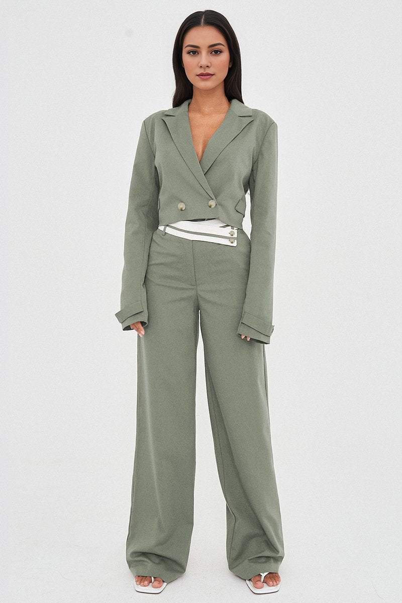 KATCH ME Deep V Button Cropped Blazer Loose Trousers Co-ord Set - Image 3