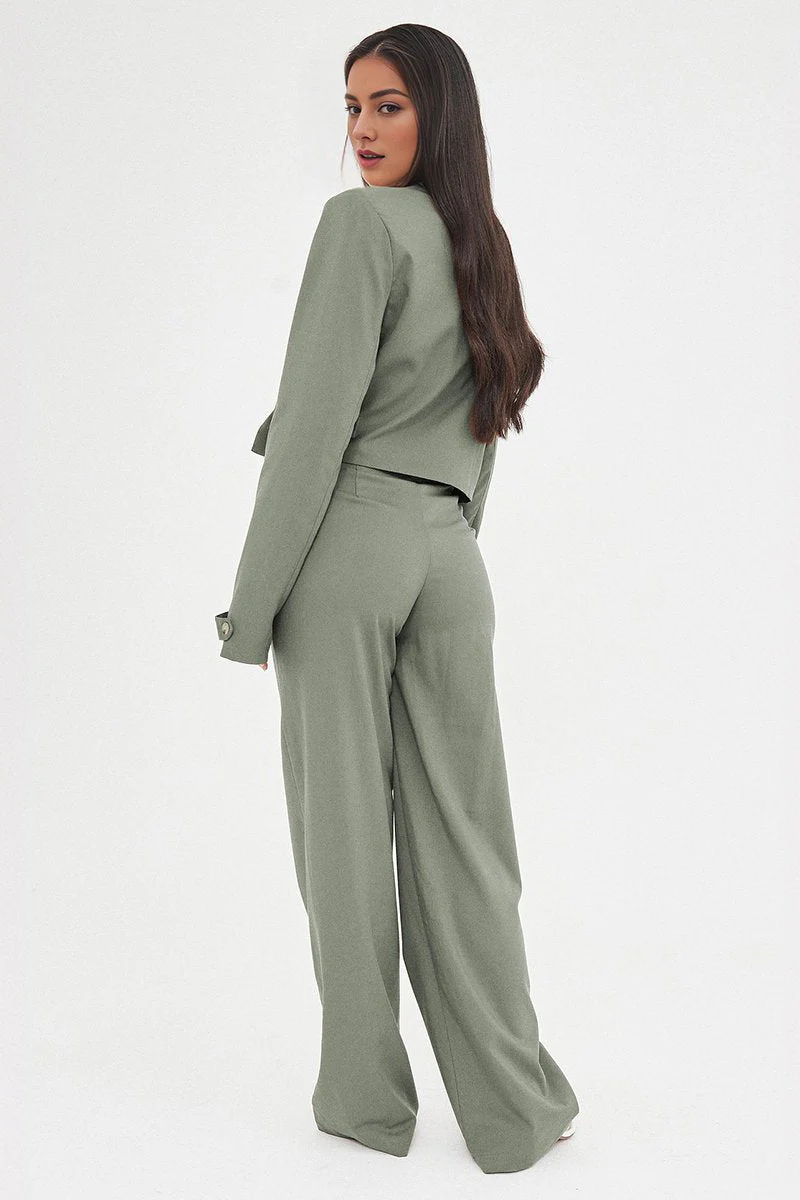 KATCH ME Deep V Button Cropped Blazer Loose Trousers Co-ord Set - Image 4