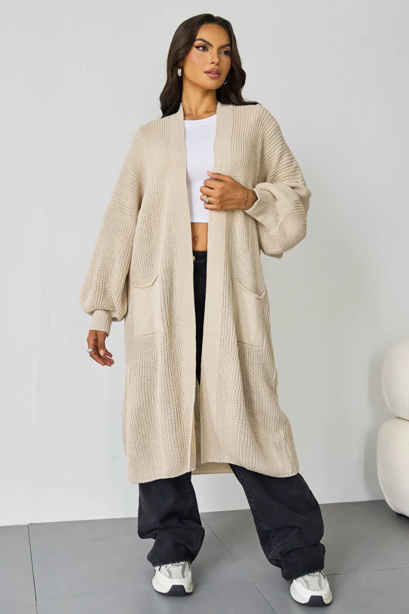KATCH ME Casual Knit Puff Sleeve Loose Open-Front Cardigan - Image 3