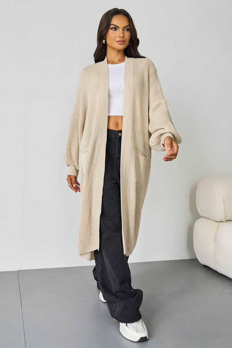 KATCH ME Casual Knit Puff Sleeve Loose Open-Front Cardigan - Image 4