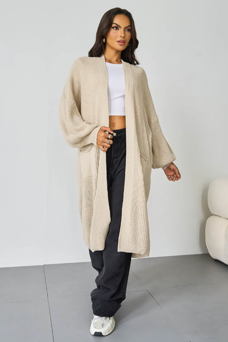 KATCH ME Casual Knit Puff Sleeve Loose Open-Front Cardigan - Image 5