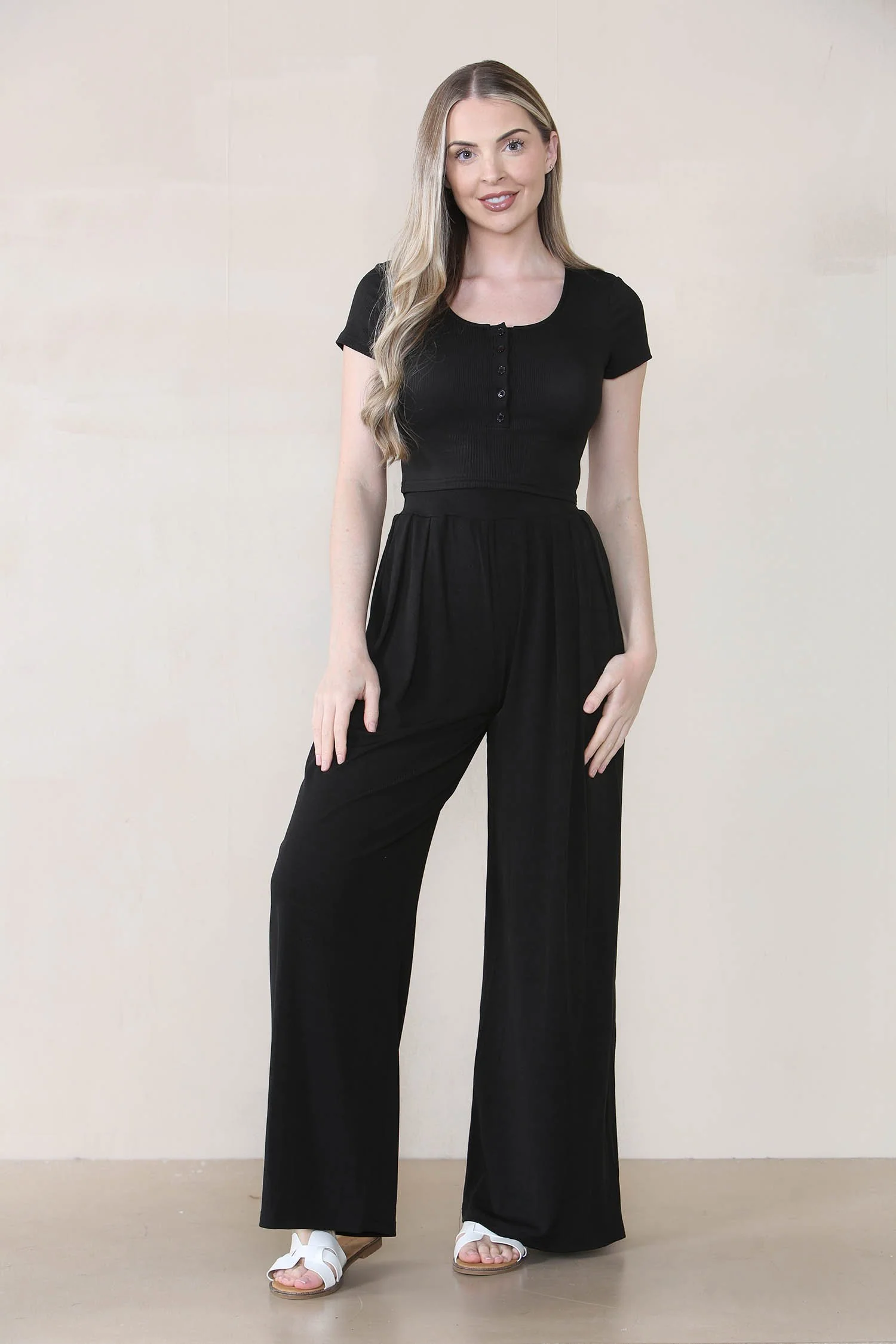 KATCH ME Partial Button Slim Top & Wide Leg Trousers Co-ord Set - Image 8