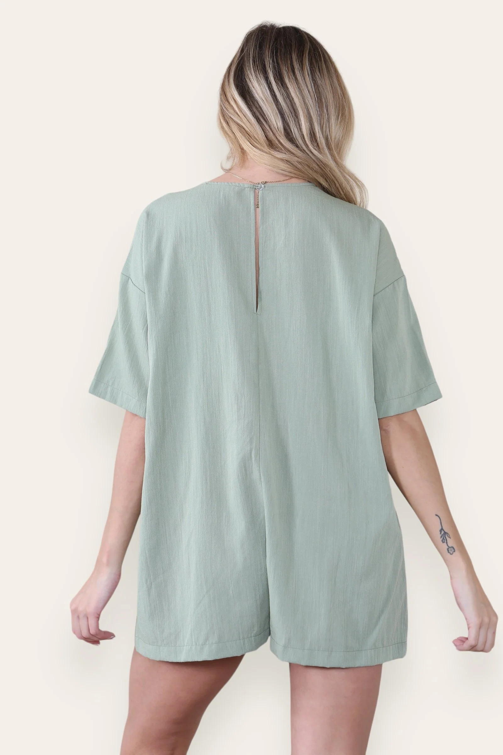 KATCH ME Plain V Neck Half Sleeve Pocket Loose Playsuit - Image 3