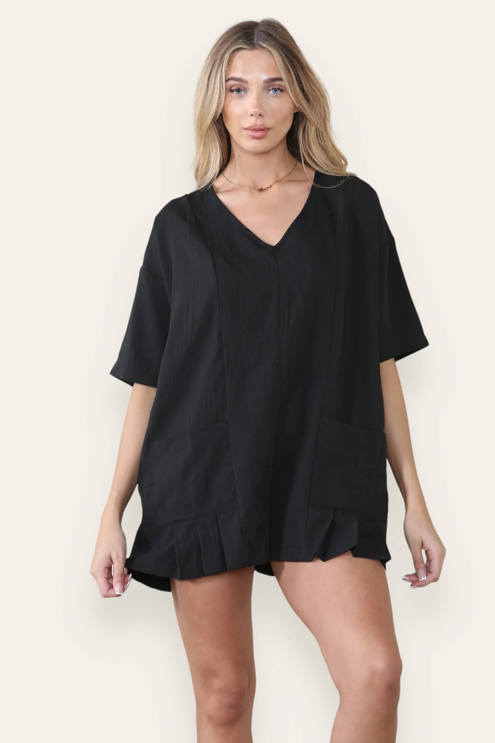 KATCH ME Plain V Neck Half Sleeve Pocket Loose Playsuit - Image 4