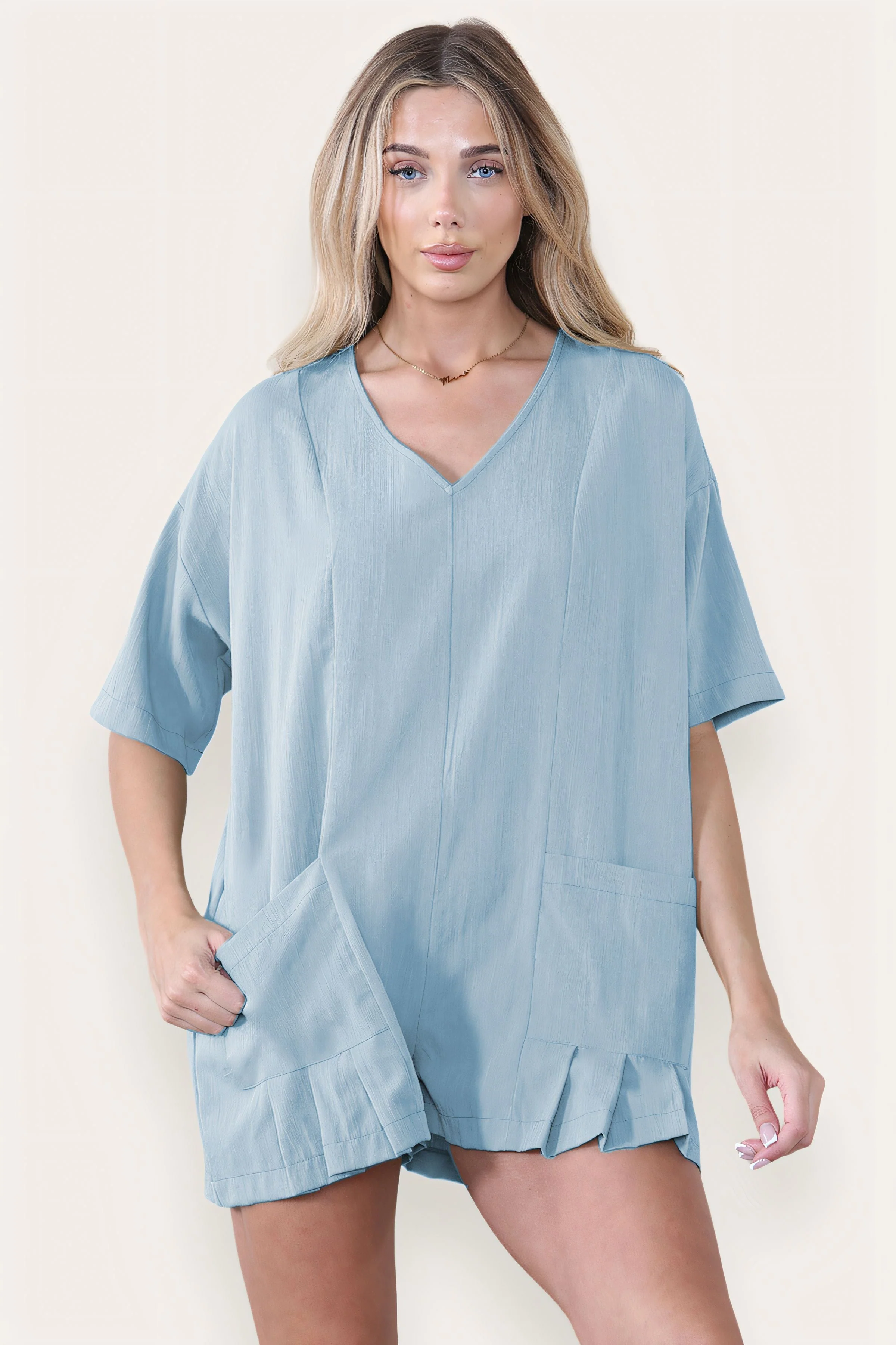 KATCH ME Plain V Neck Half Sleeve Pocket Loose Playsuit - Image 5