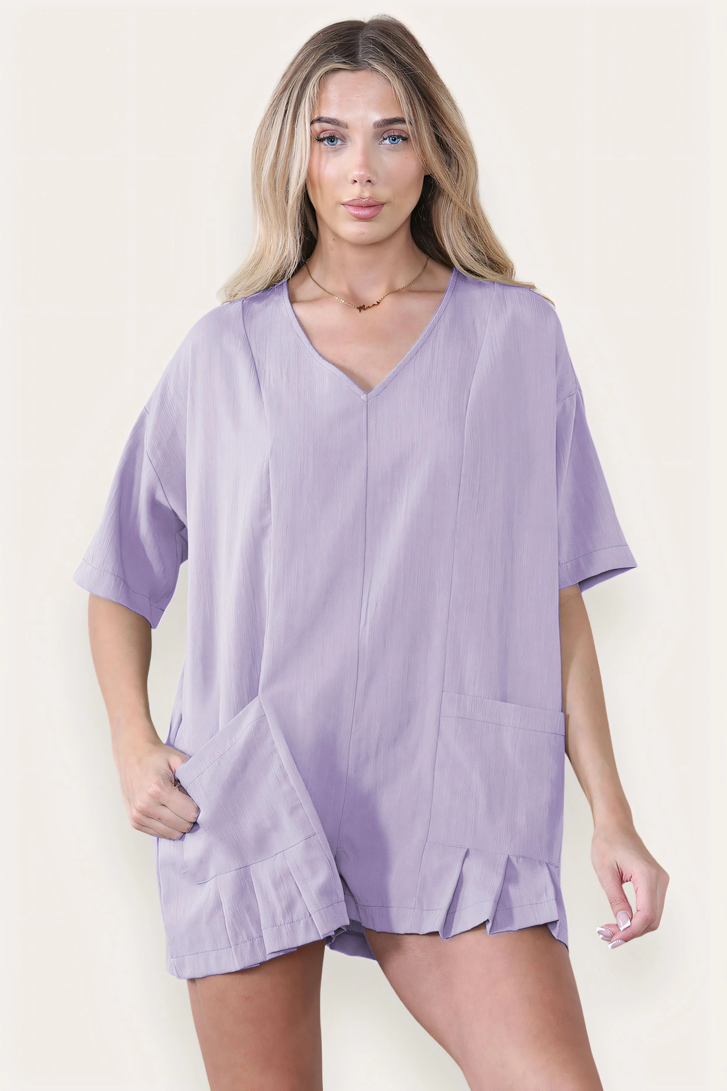KATCH ME Plain V Neck Half Sleeve Pocket Loose Playsuit - Image 6