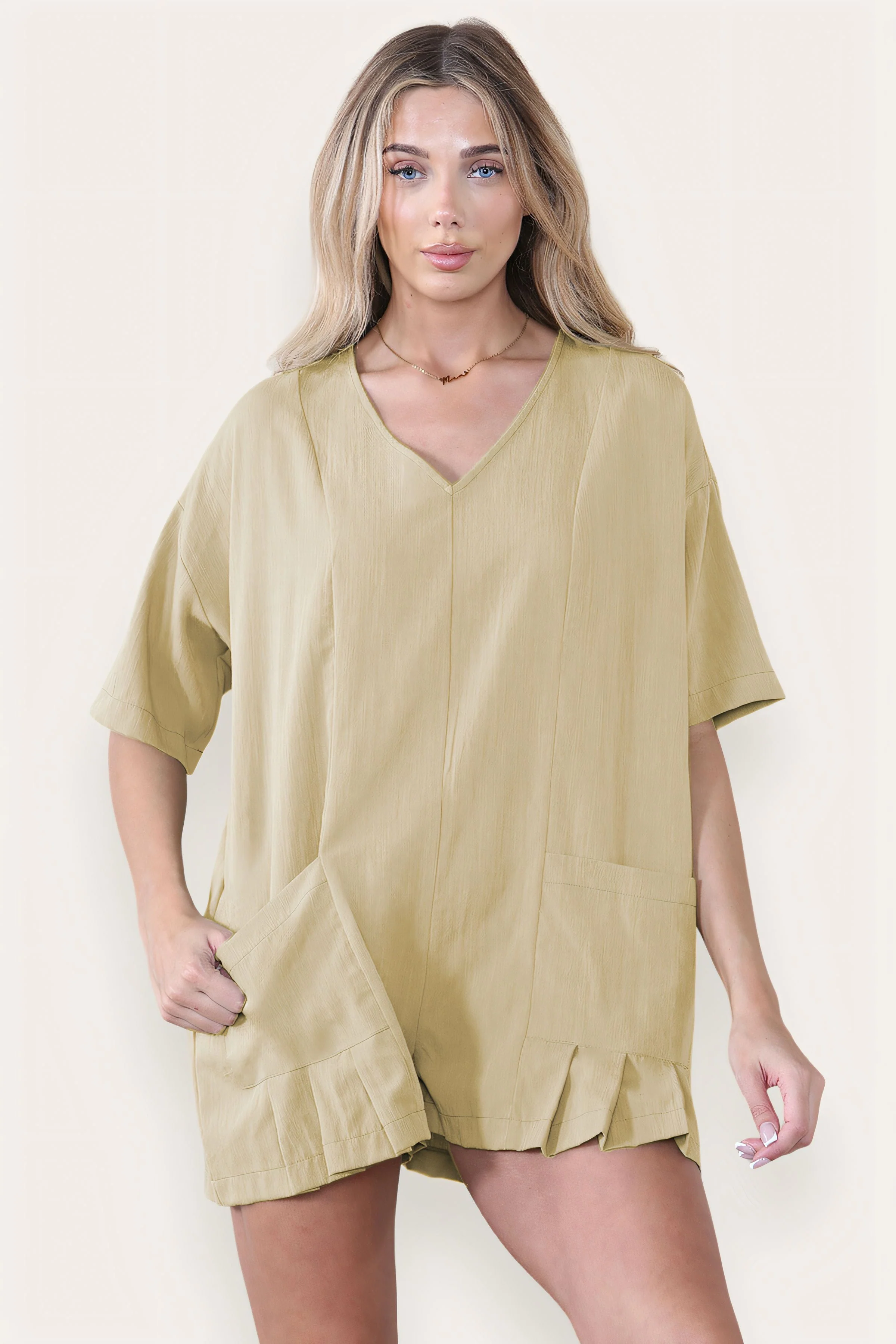 KATCH ME Plain V Neck Half Sleeve Pocket Loose Playsuit - Image 7