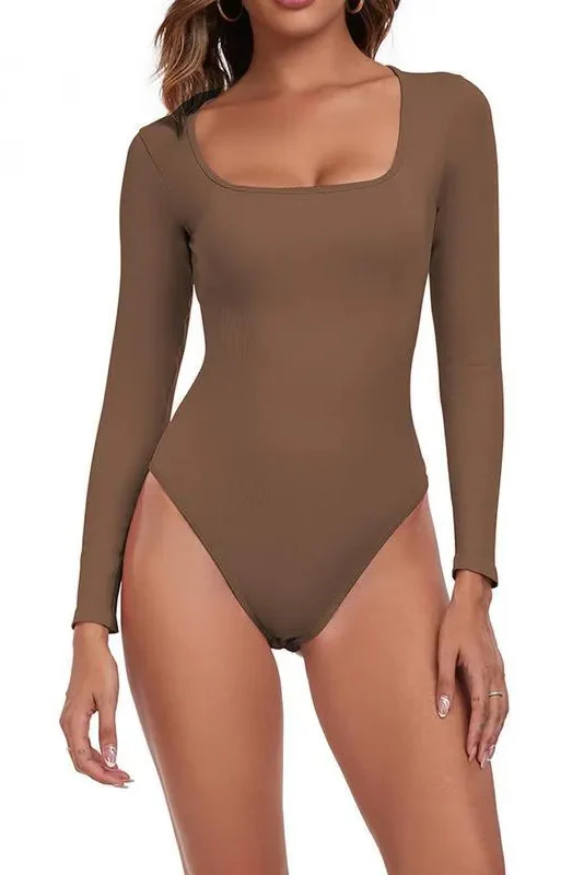 KATCH ME Seamless Solid U Neck Long Sleeve Stretch Bodysuit - Image 3