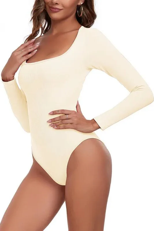 KATCH ME Seamless Solid U Neck Long Sleeve Stretch Bodysuit - Image 5