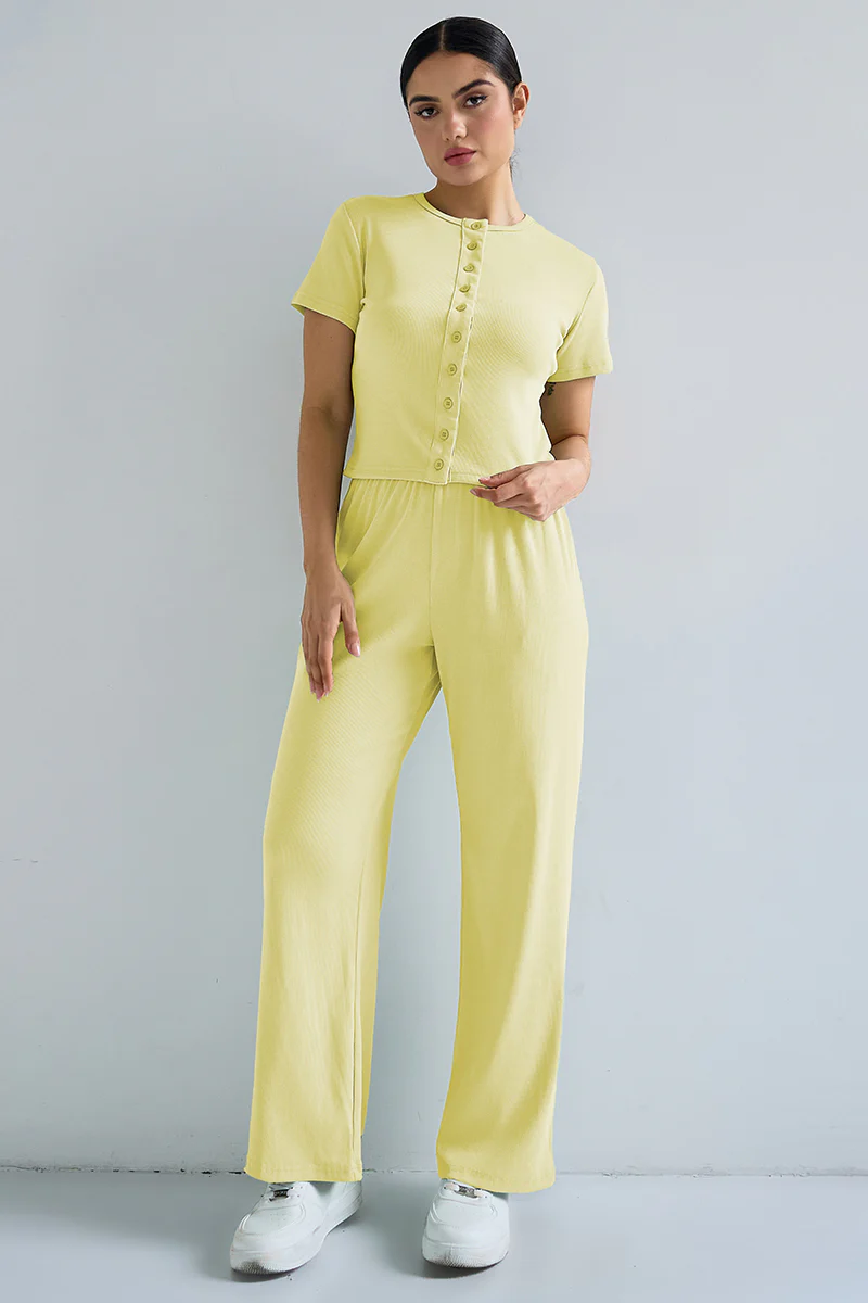 KATCH ME Short Sleeve Button Slim Wide Leg Co-ord Set - Image 10