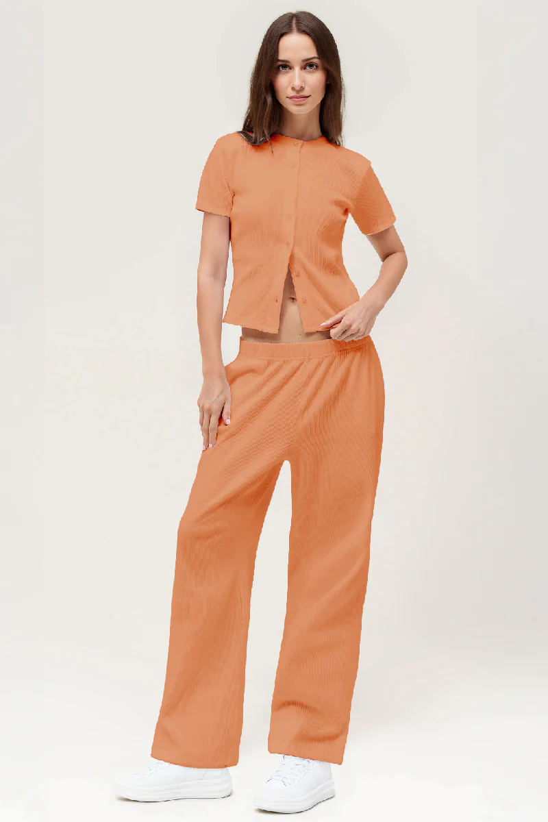 KATCH ME Short Sleeve Button Slim Wide Leg Co-ord Set - Image 3