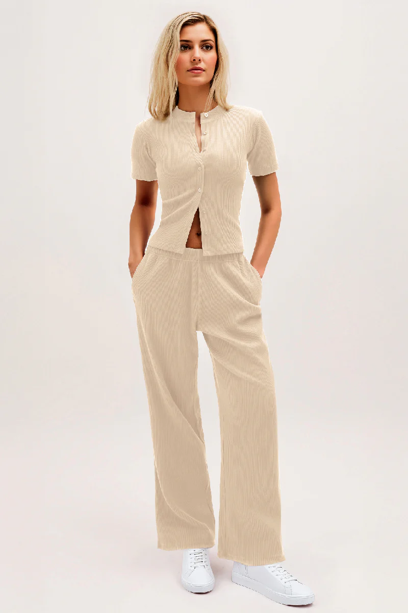 KATCH ME Short Sleeve Button Slim Wide Leg Co-ord Set - Image 4