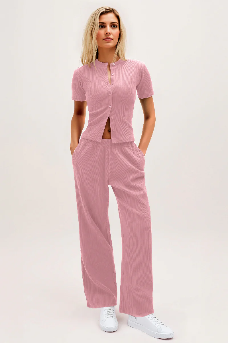 KATCH ME Short Sleeve Button Slim Wide Leg Co-ord Set - Image 5