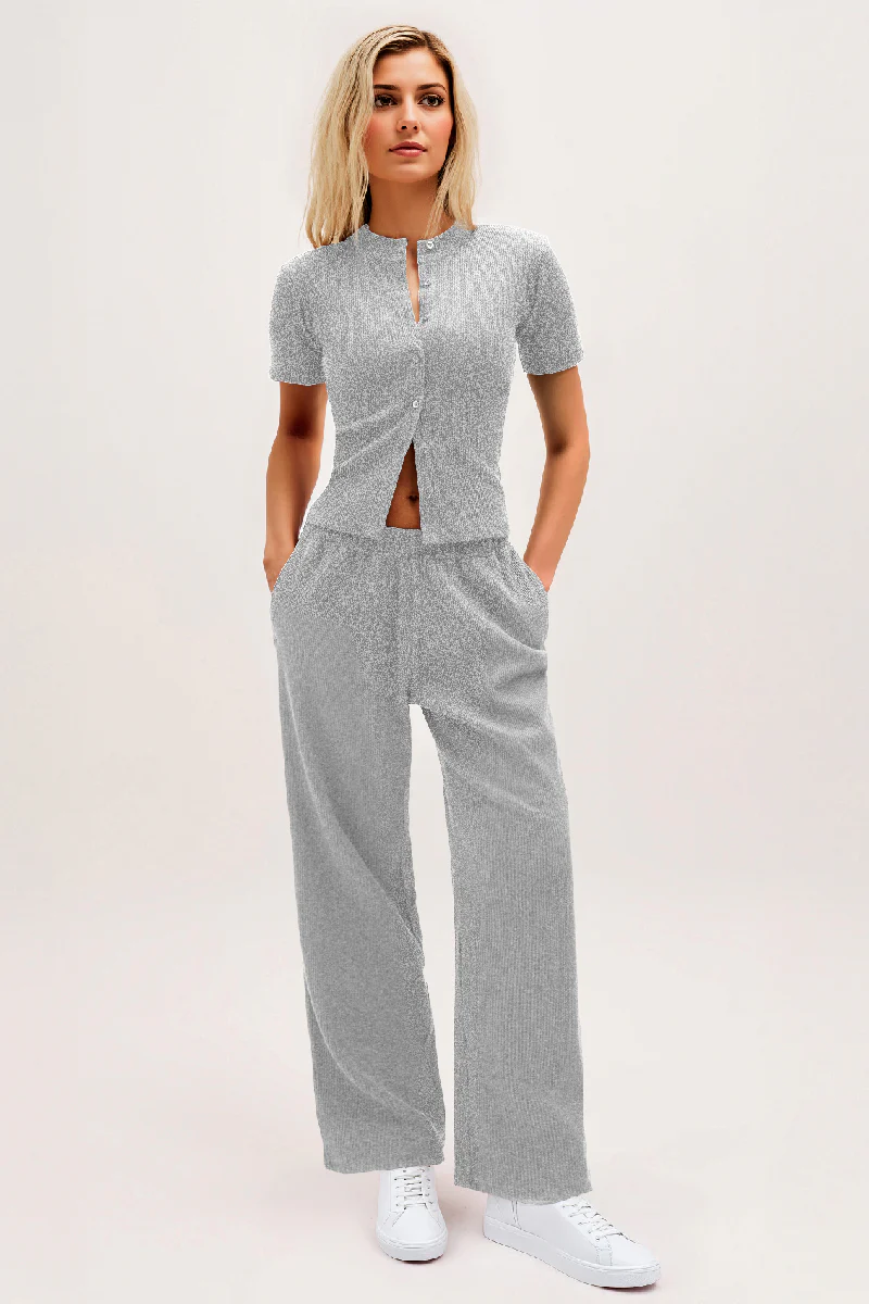 KATCH ME Short Sleeve Button Slim Wide Leg Co-ord Set - Image 9