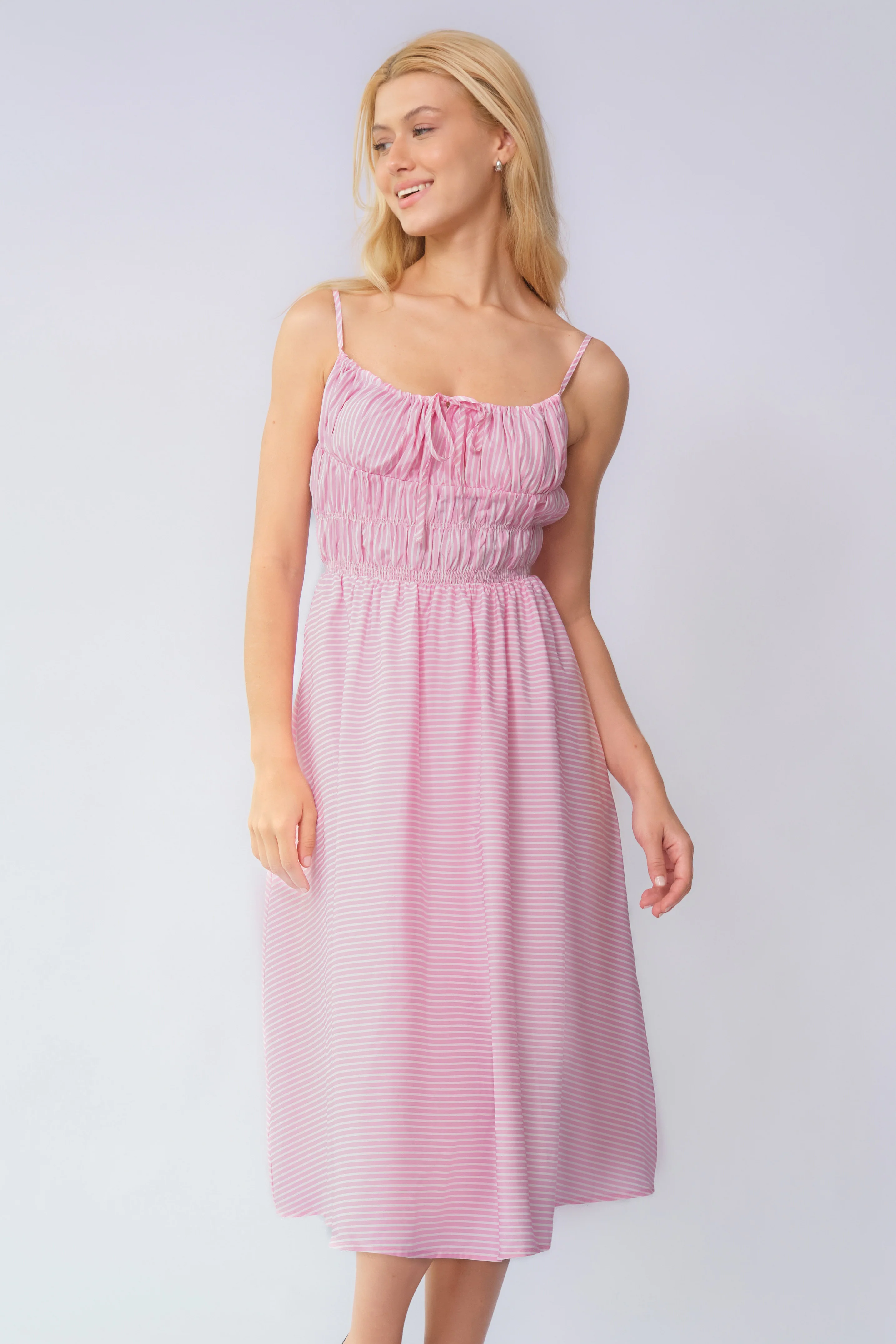 KATCH ME Spaghetti Strap Front Tie Ruched Stripe Maxi Dress - Image 2