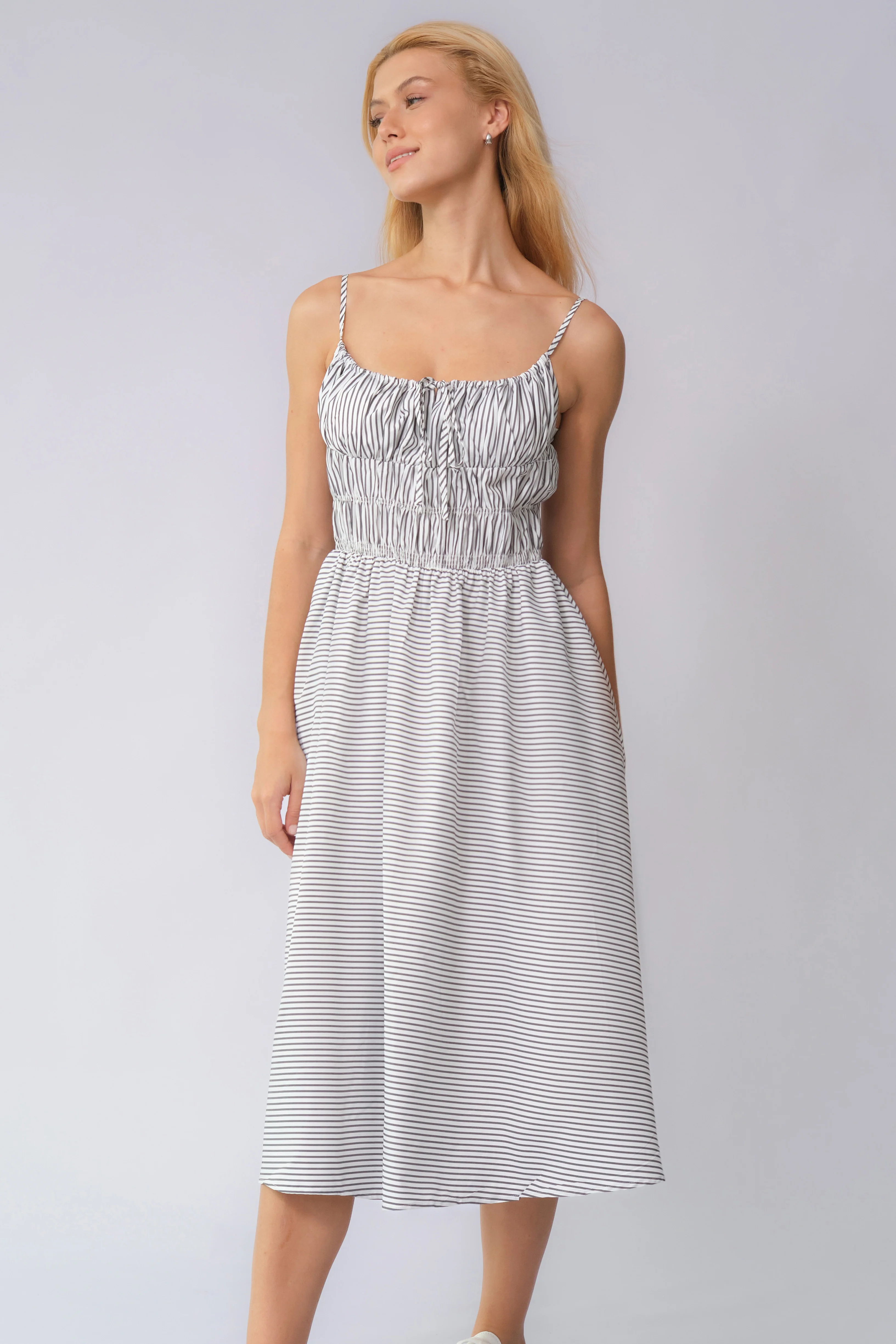 KATCH ME Spaghetti Strap Front Tie Ruched Stripe Maxi Dress - Image 7