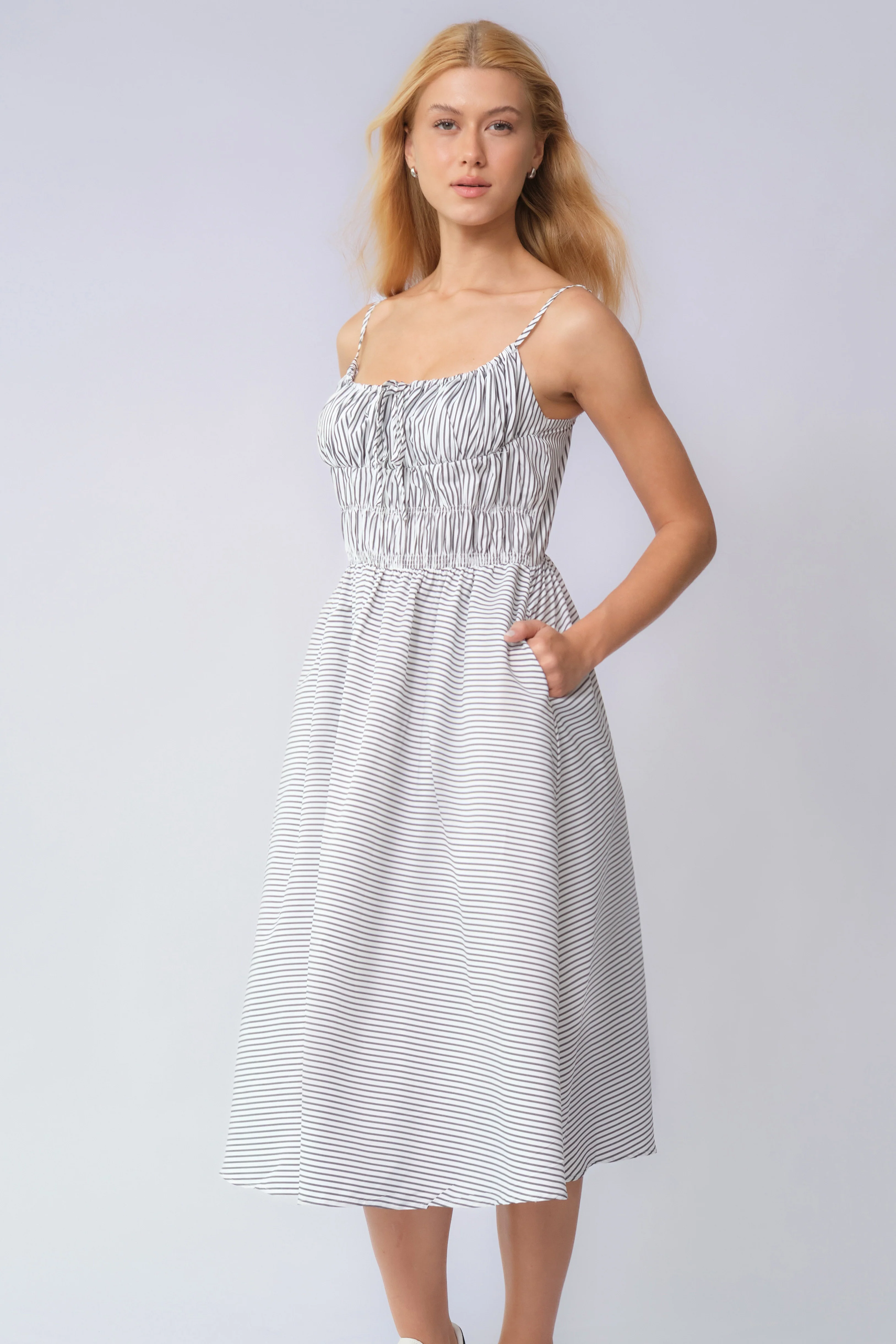 KATCH ME Spaghetti Strap Front Tie Ruched Stripe Maxi Dress - Image 9