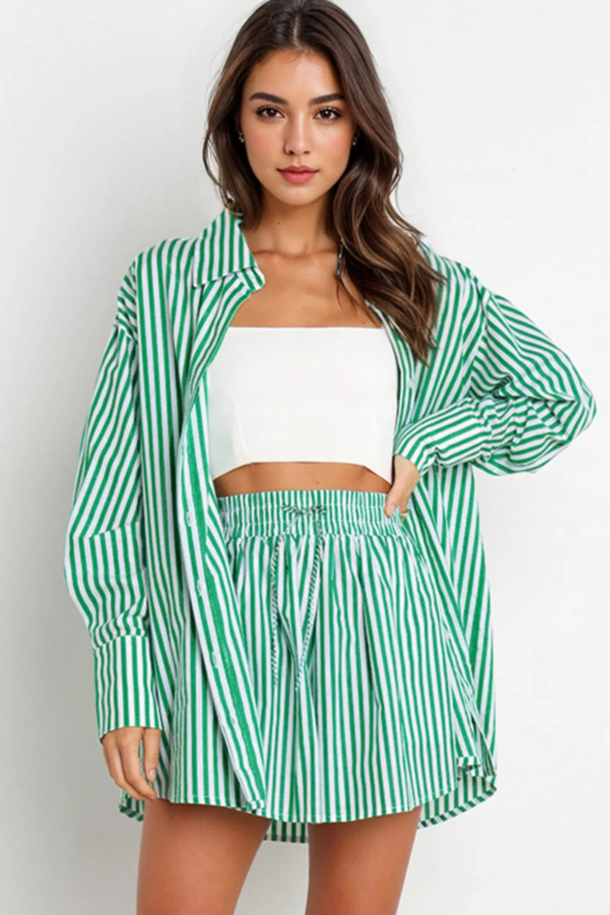 KATCH ME Stripe Collared Button-Up Shirt Drawstring Shorts Co-ord Set