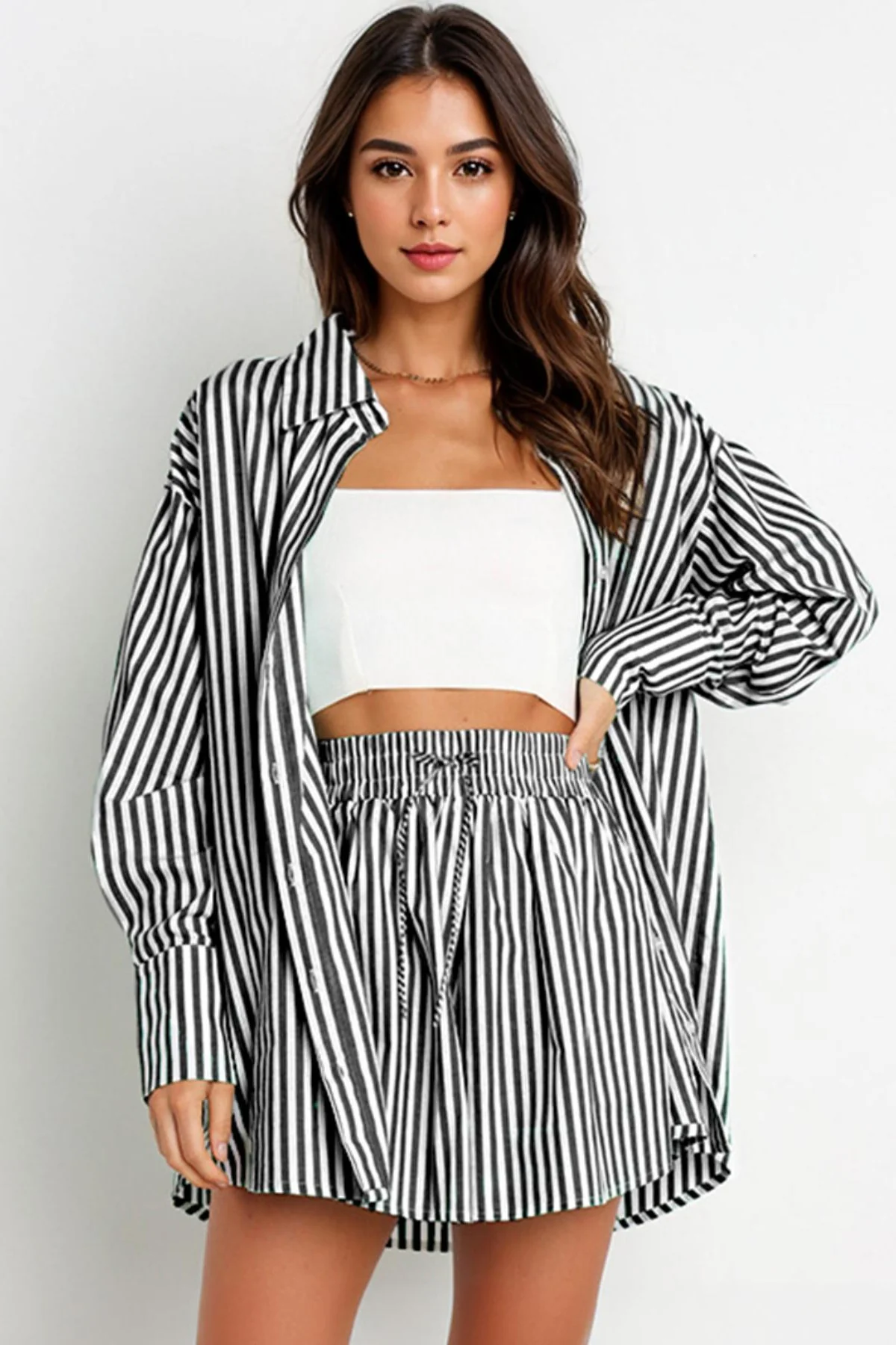 KATCH ME Stripe Collared Button-Up Shirt Drawstring Shorts Co-ord Set - Image 11