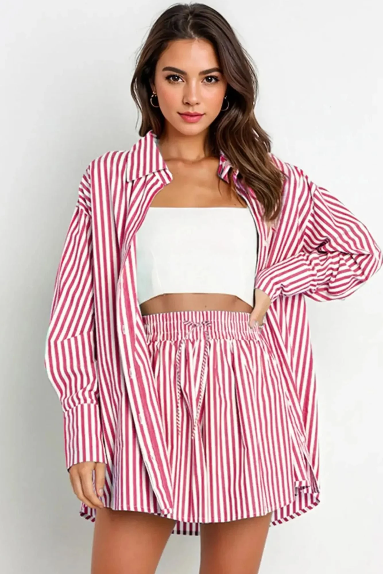 KATCH ME Stripe Collared Button-Up Shirt Drawstring Shorts Co-ord Set - Image 13