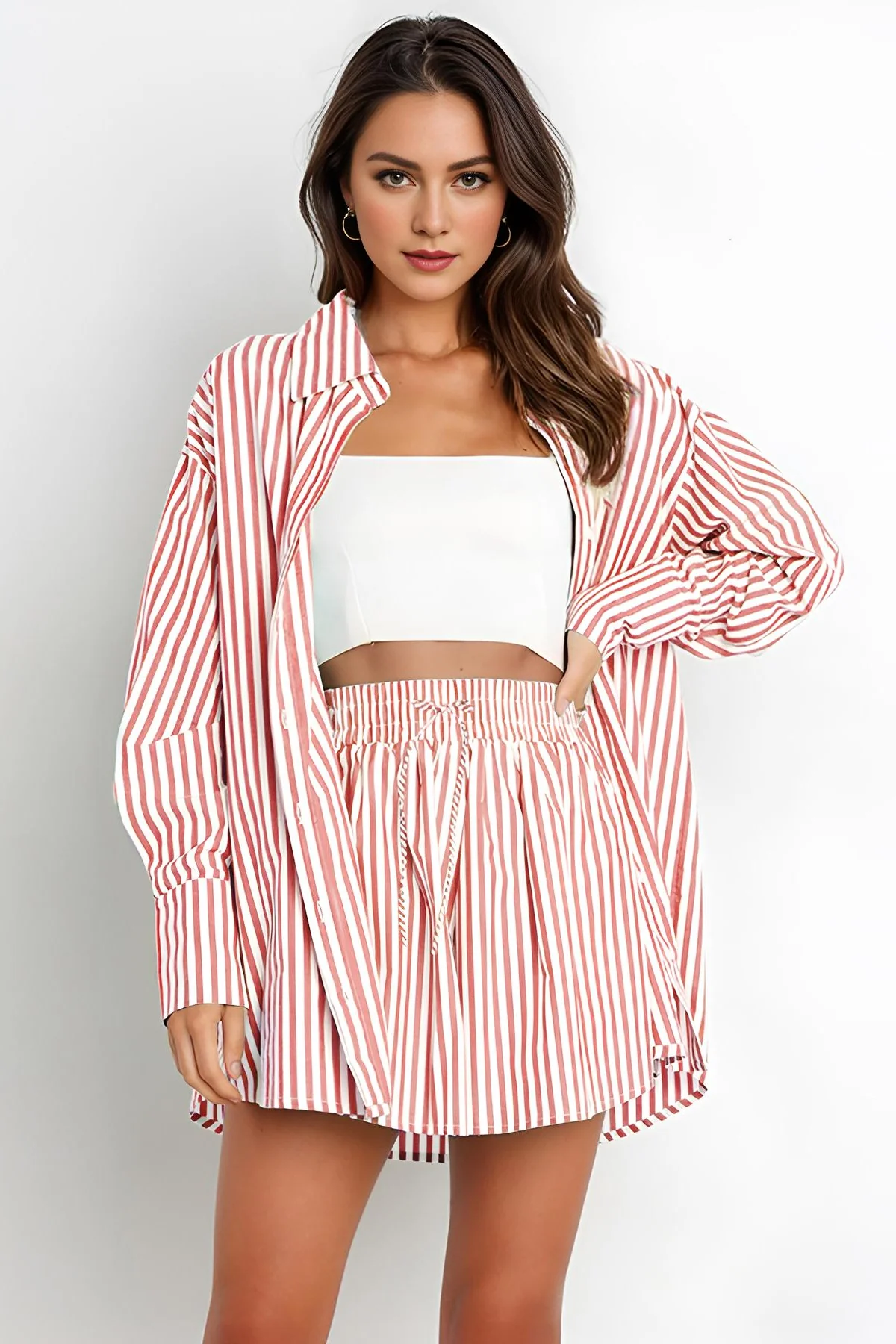 KATCH ME Stripe Collared Button-Up Shirt Drawstring Shorts Co-ord Set - Image 8