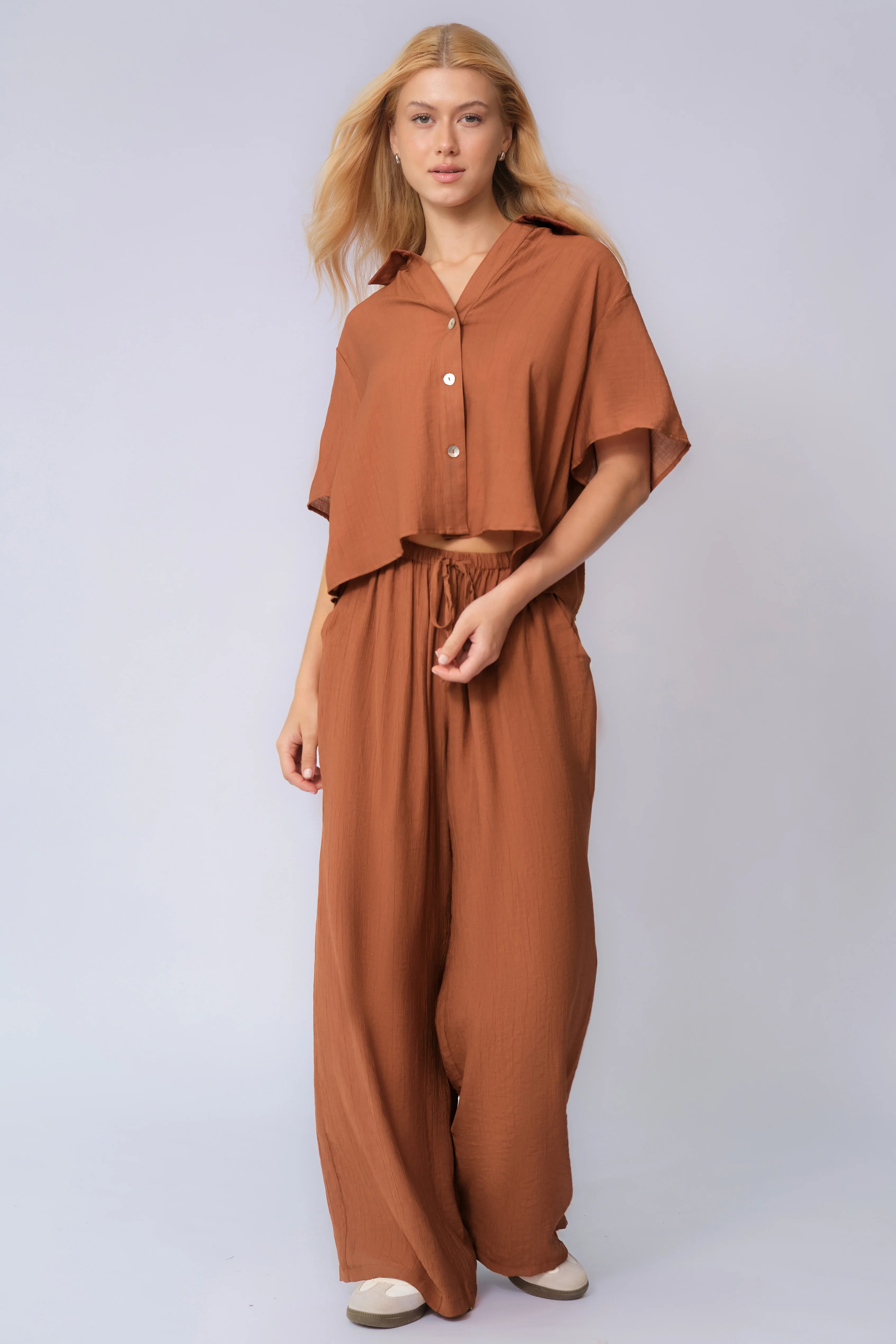 KATCH ME Collared Shell Button Loose Top & Drawstring Wide Leg Trousers Co-ord Set