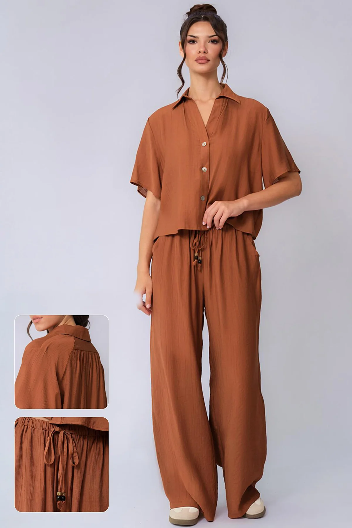 KATCH ME Collared Shell Button Loose Top & Drawstring Wide Leg Trousers Co-ord Set - Image 2