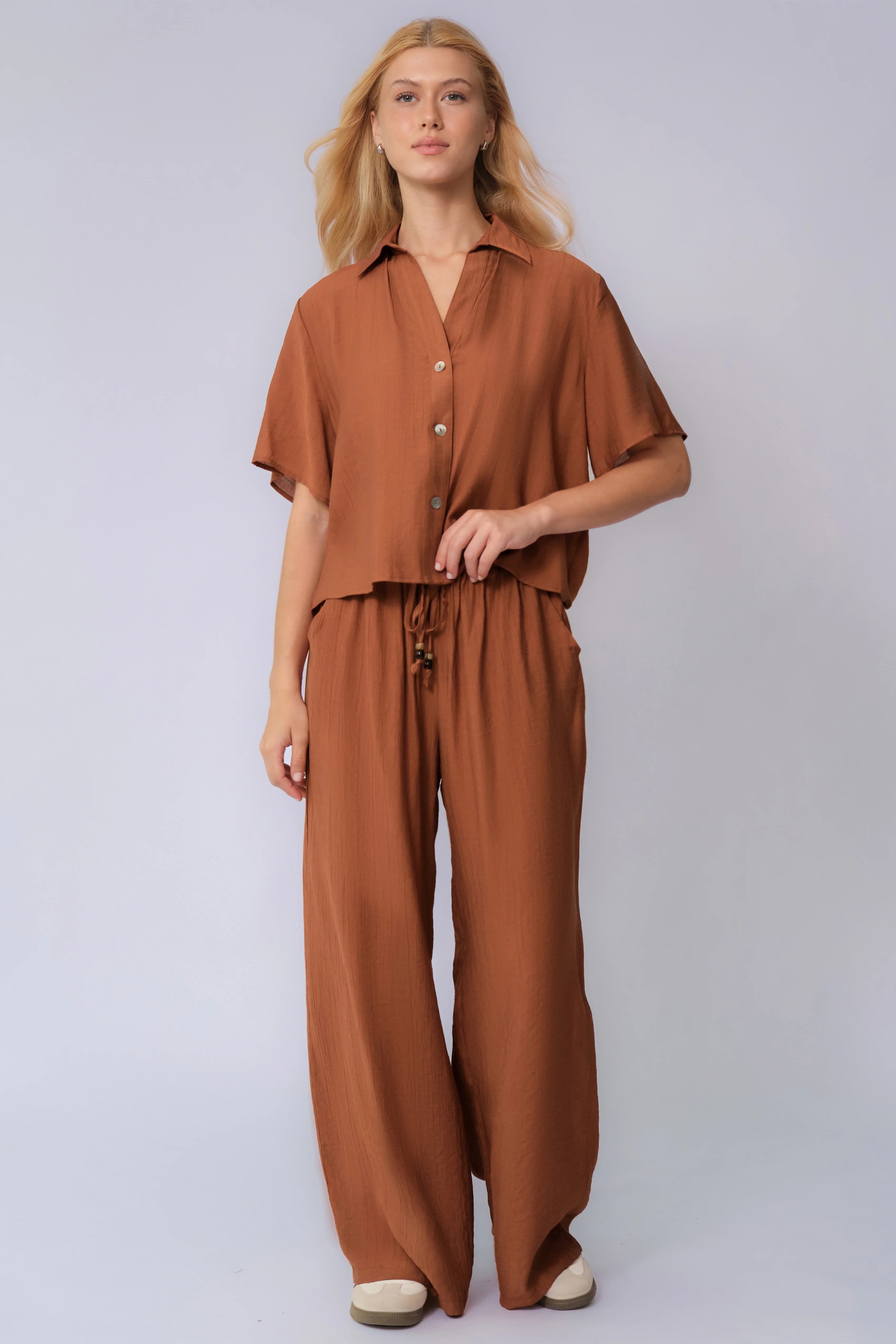 KATCH ME Collared Shell Button Loose Top & Drawstring Wide Leg Trousers Co-ord Set - Image 3