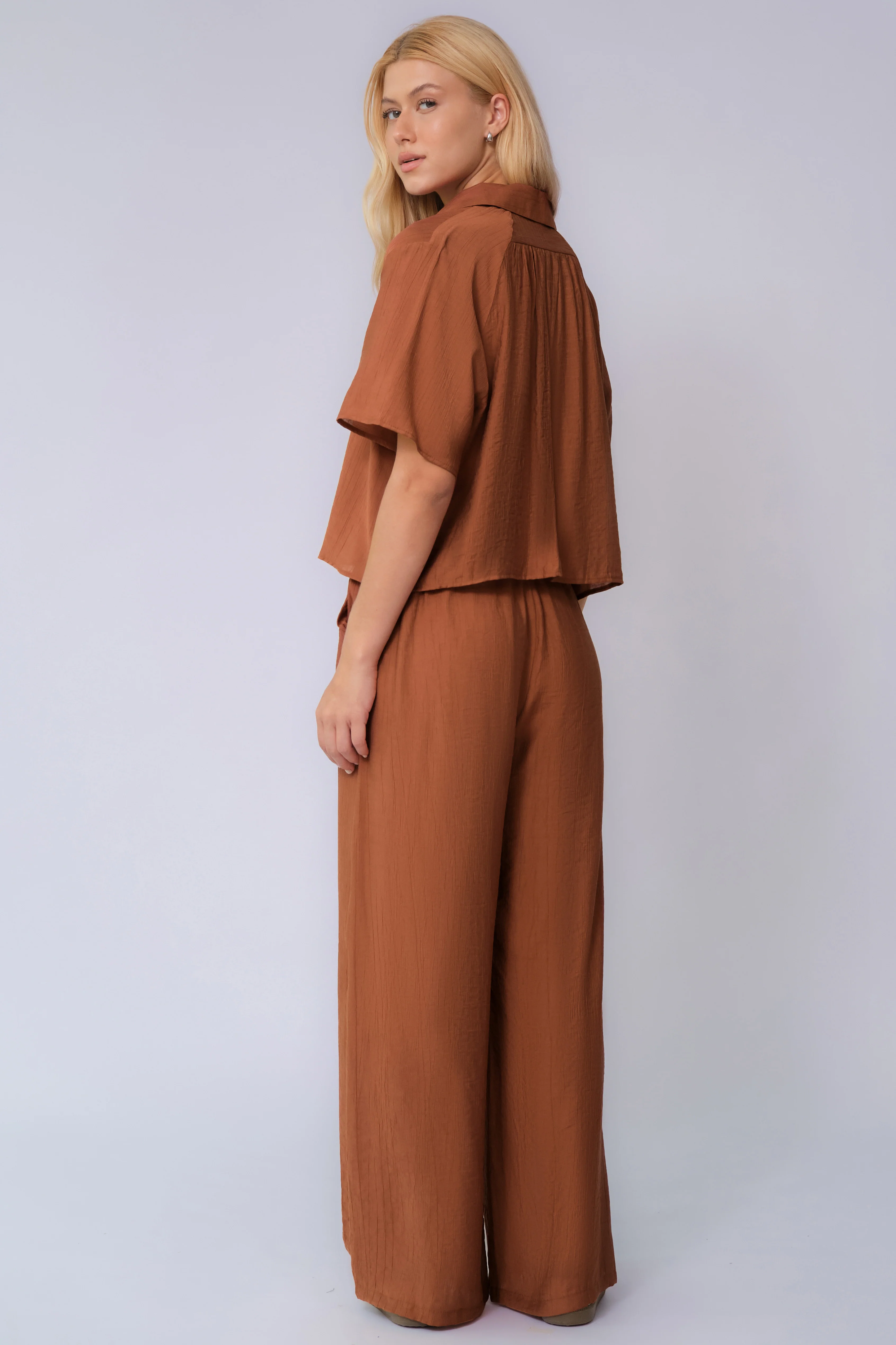 KATCH ME Collared Shell Button Loose Top & Drawstring Wide Leg Trousers Co-ord Set - Image 4