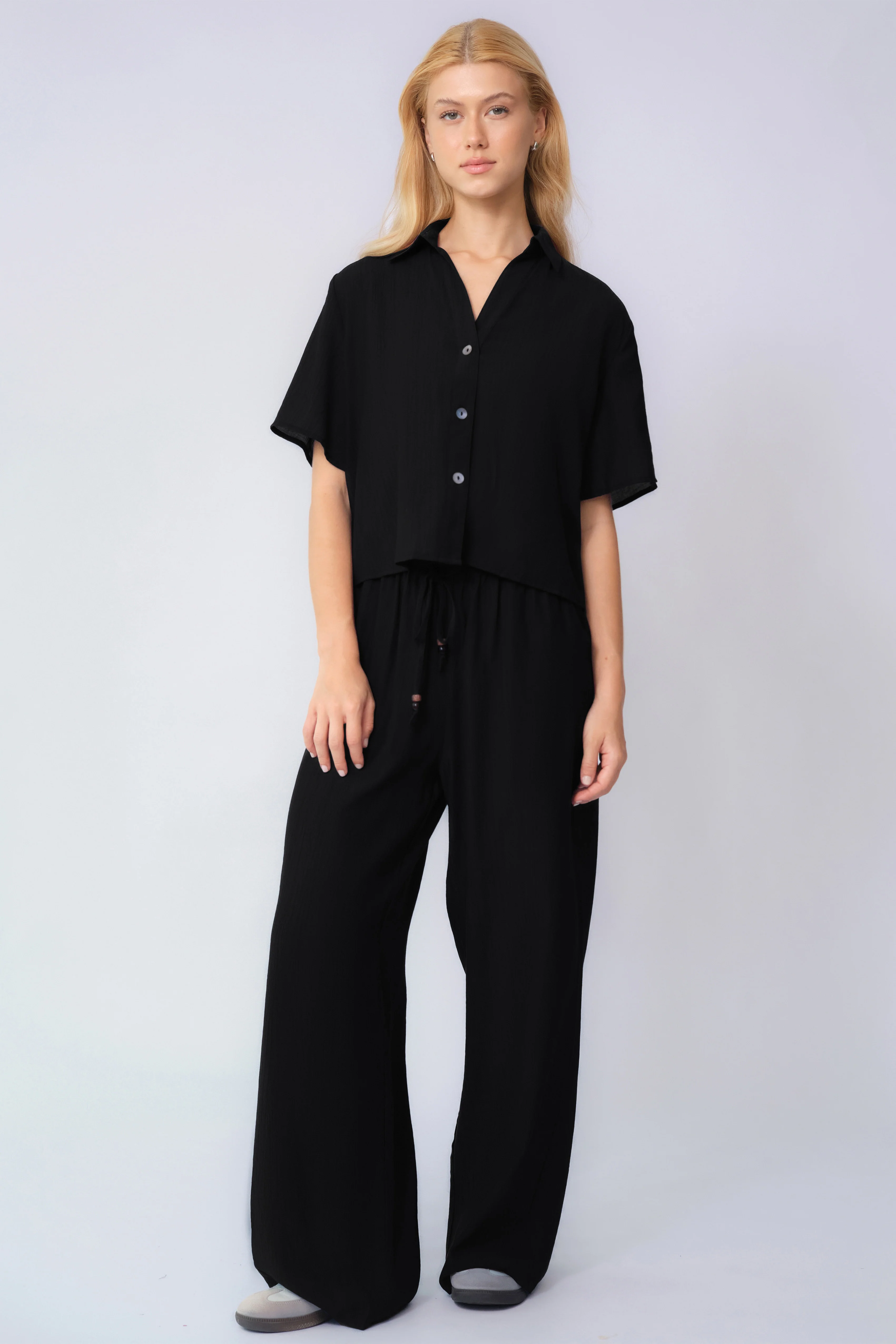 KATCH ME Collared Shell Button Loose Top & Drawstring Wide Leg Trousers Co-ord Set - Image 5