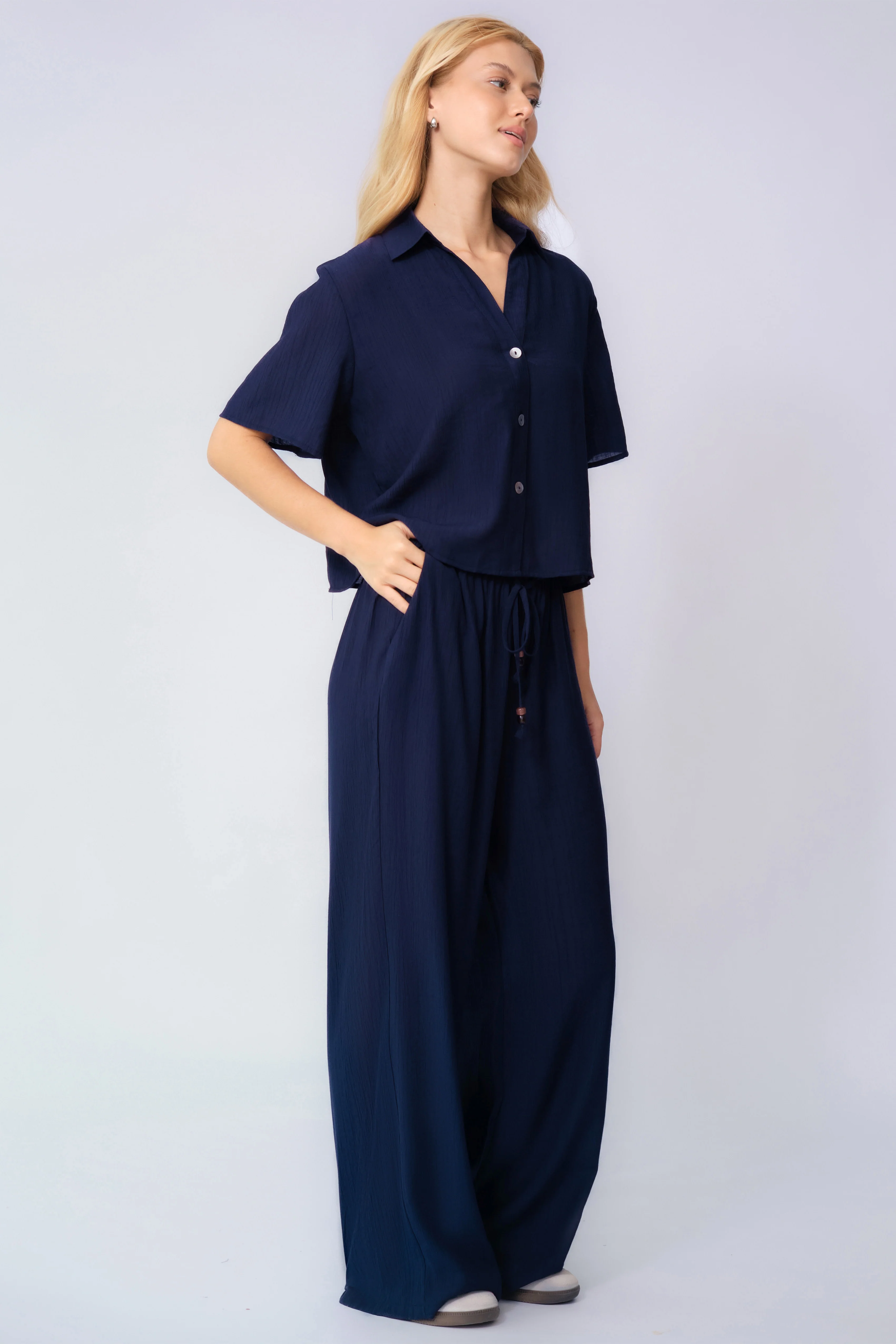 KATCH ME Collared Shell Button Loose Top & Drawstring Wide Leg Trousers Co-ord Set - Image 7