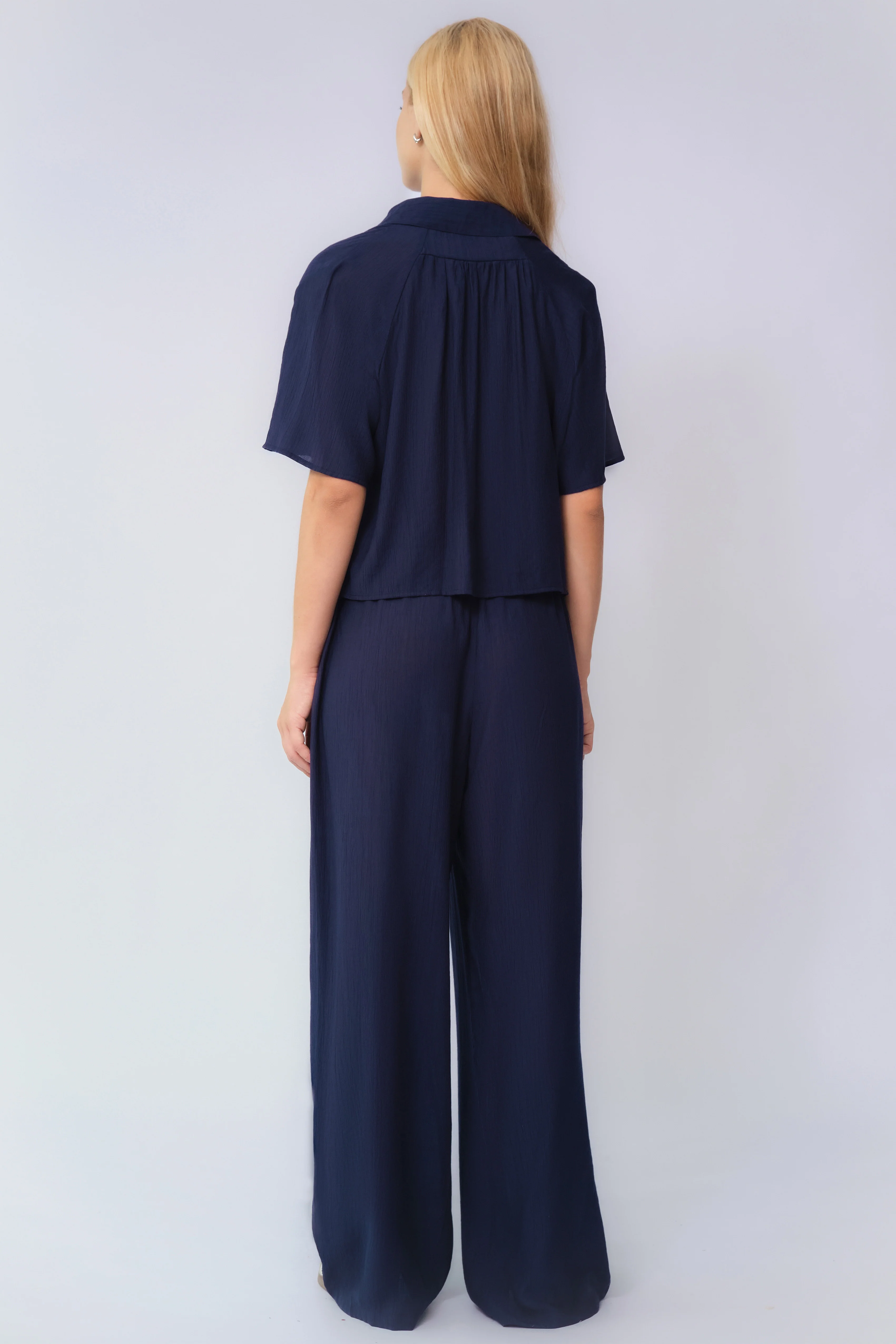 KATCH ME Collared Shell Button Loose Top & Drawstring Wide Leg Trousers Co-ord Set - Image 8