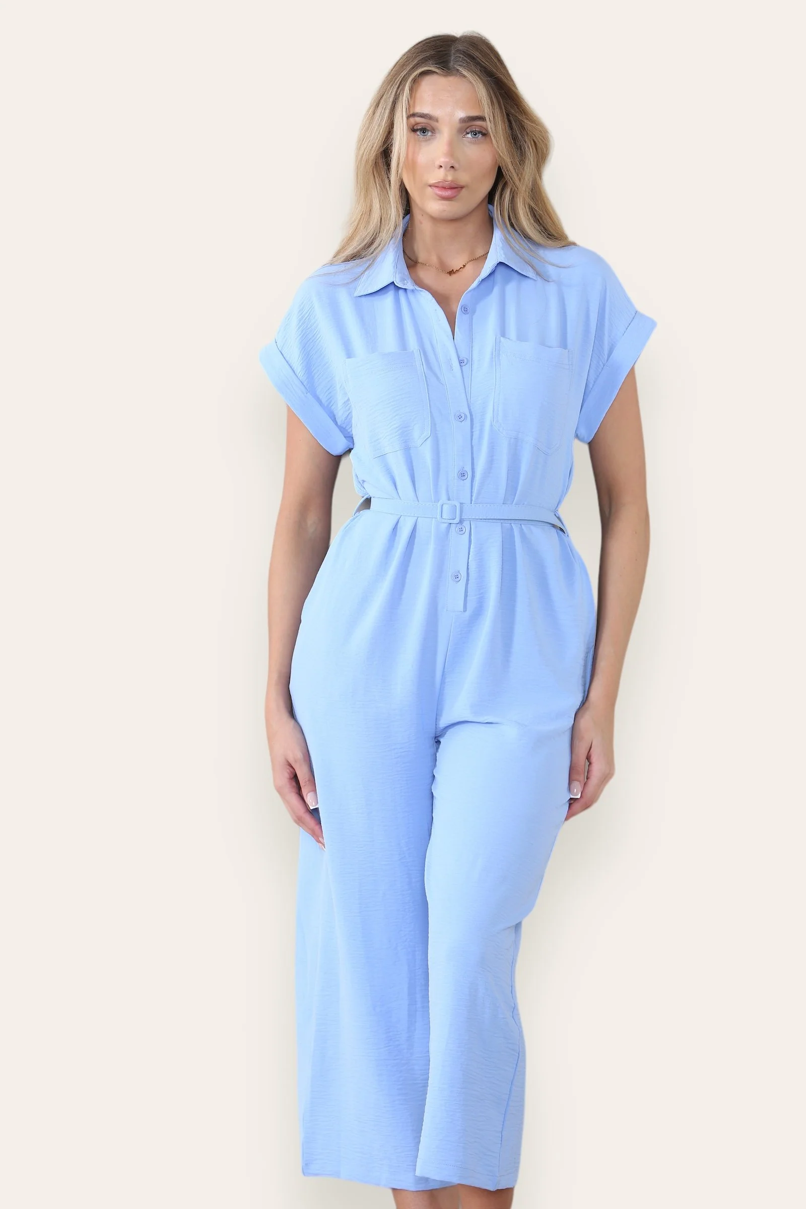 KATCH ME Collared Neck Partial Button Jumpsuit With Matching Belt