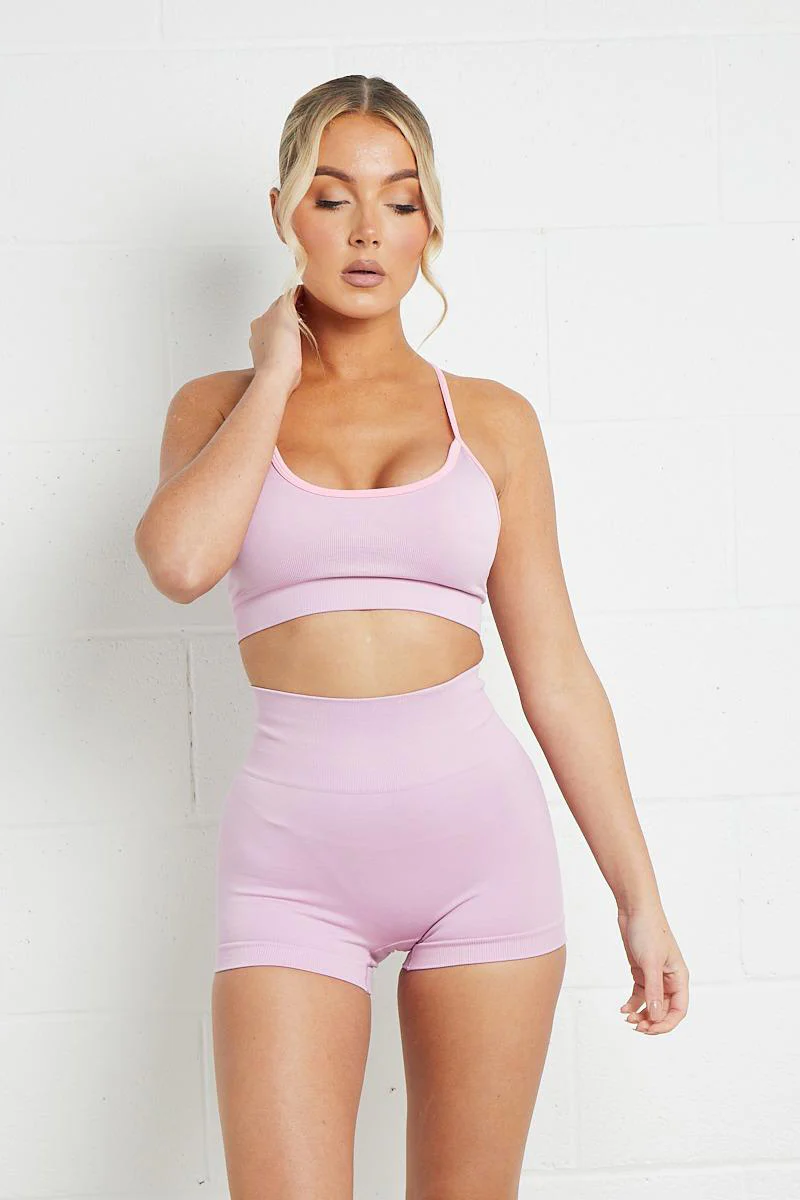 KATCH ME Contrast U Neck Straps Top & High Waist Shorts Yoga Co-ord Set - Image 3