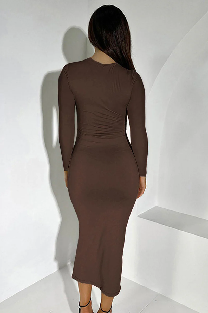 KATCH ME Solid Round Neck Long Sleeve Slinky Maxi Dress - Image 9