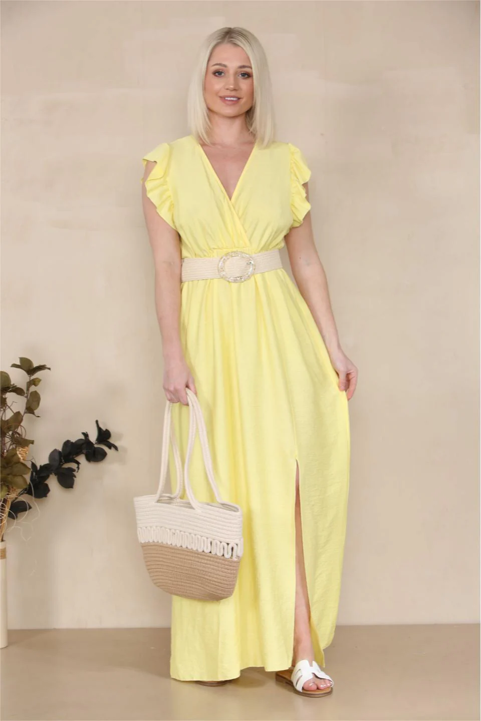KATCH ME Solid V Neck Puff Sleeve Tie-Up Slit Maxi Dress - Image 5