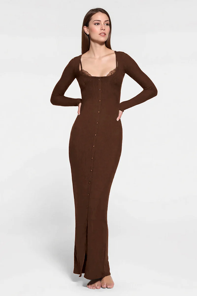KATCH ME Slinky Lace Trim U Neck Button Maxi Dress