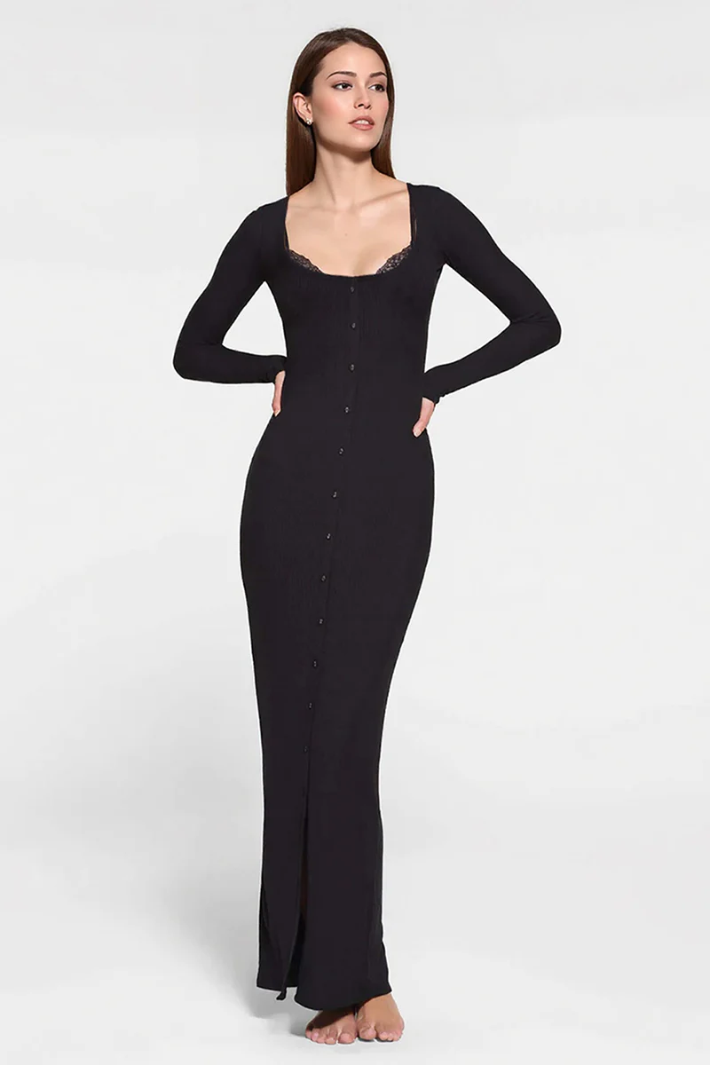 KATCH ME Slinky Lace Trim U Neck Button Maxi Dress - Image 3