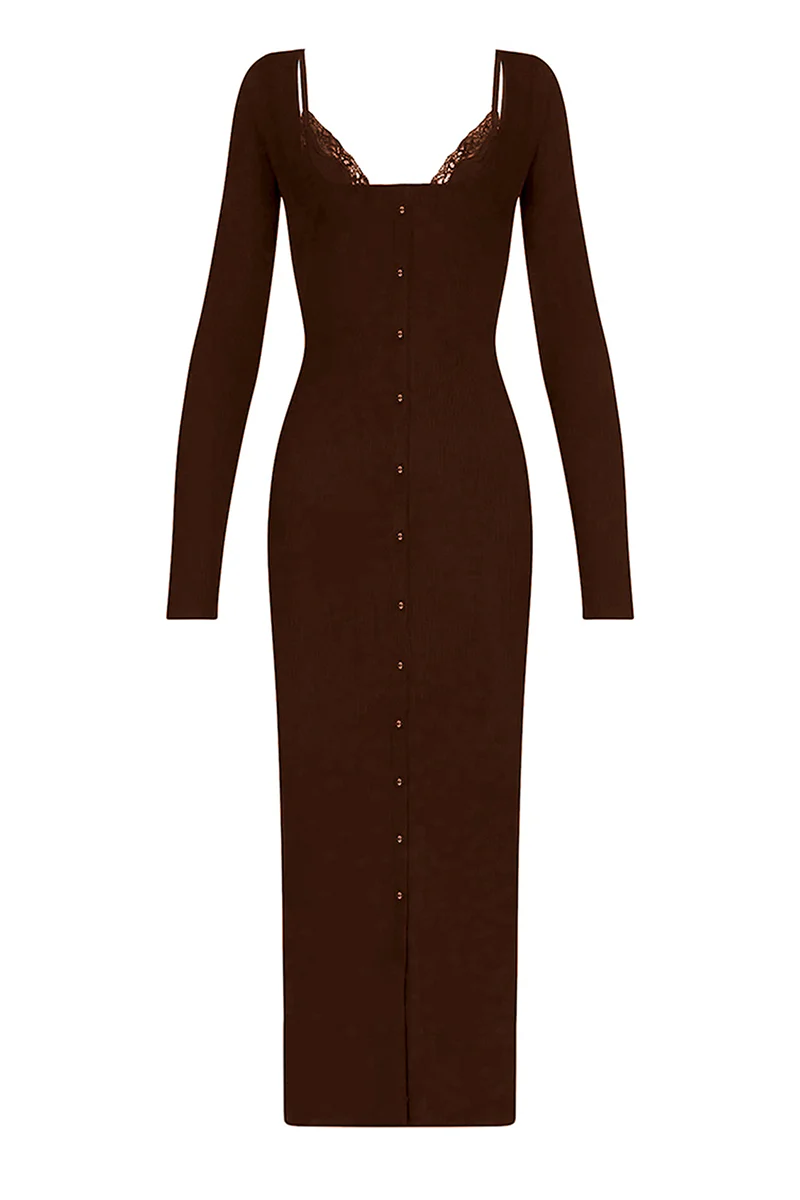 KATCH ME Slinky Lace Trim U Neck Button Maxi Dress - Image 6