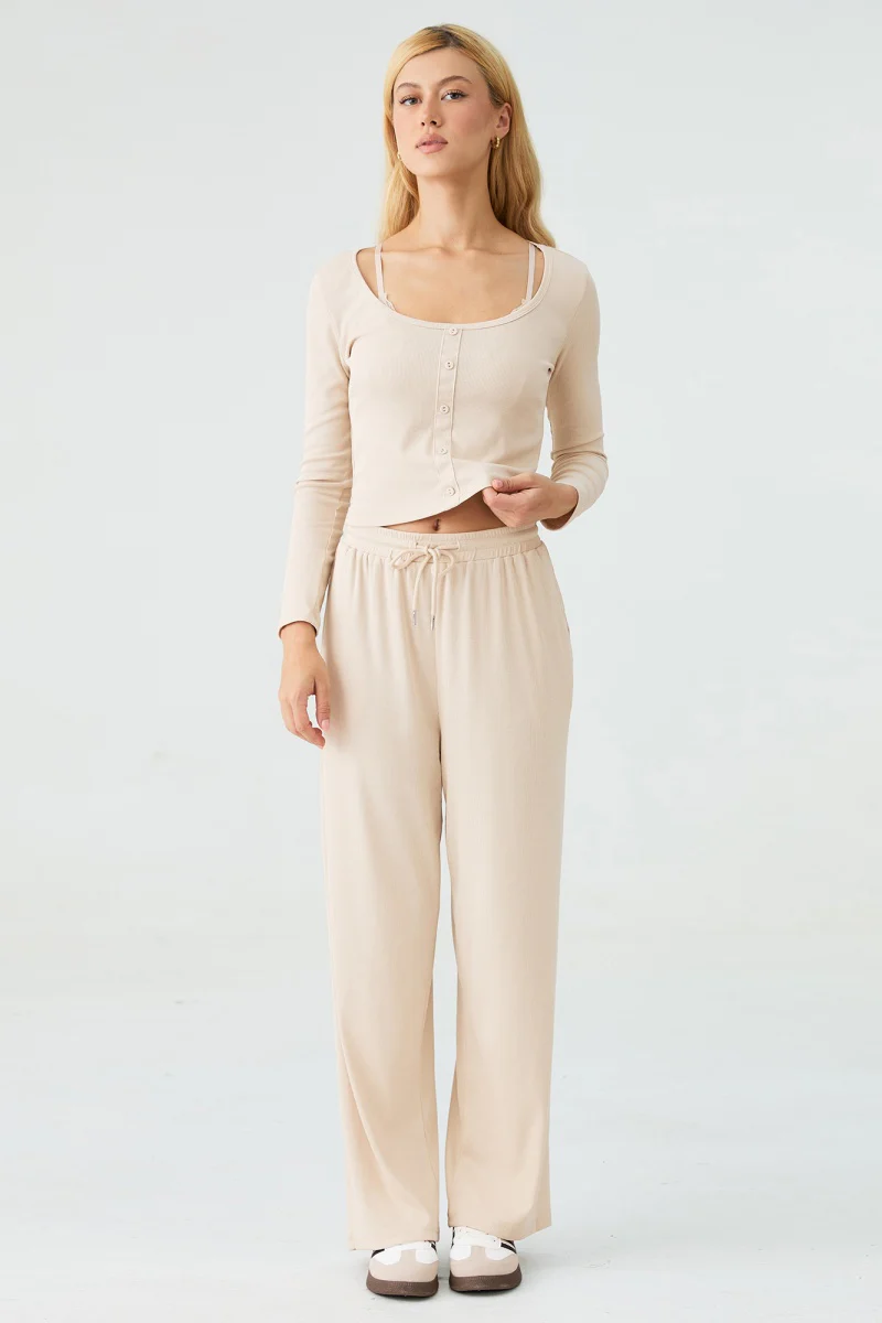 KATCH ME U-Neck Long Sleeve Top & Drawstring Waist Trousers with Lace Trim Camisole Three-Piece Set