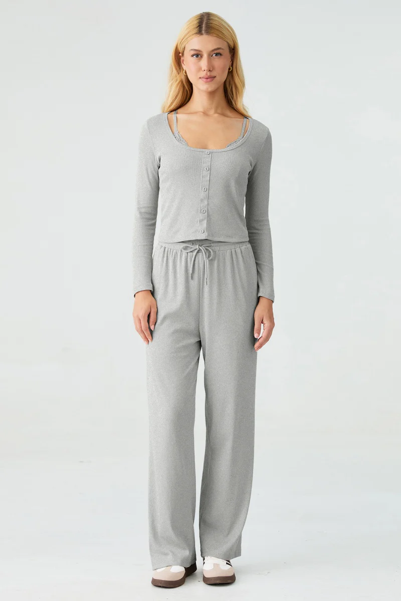 KATCH ME U-Neck Long Sleeve Top & Drawstring Waist Trousers with Lace Trim Camisole Three-Piece Set - Image 3