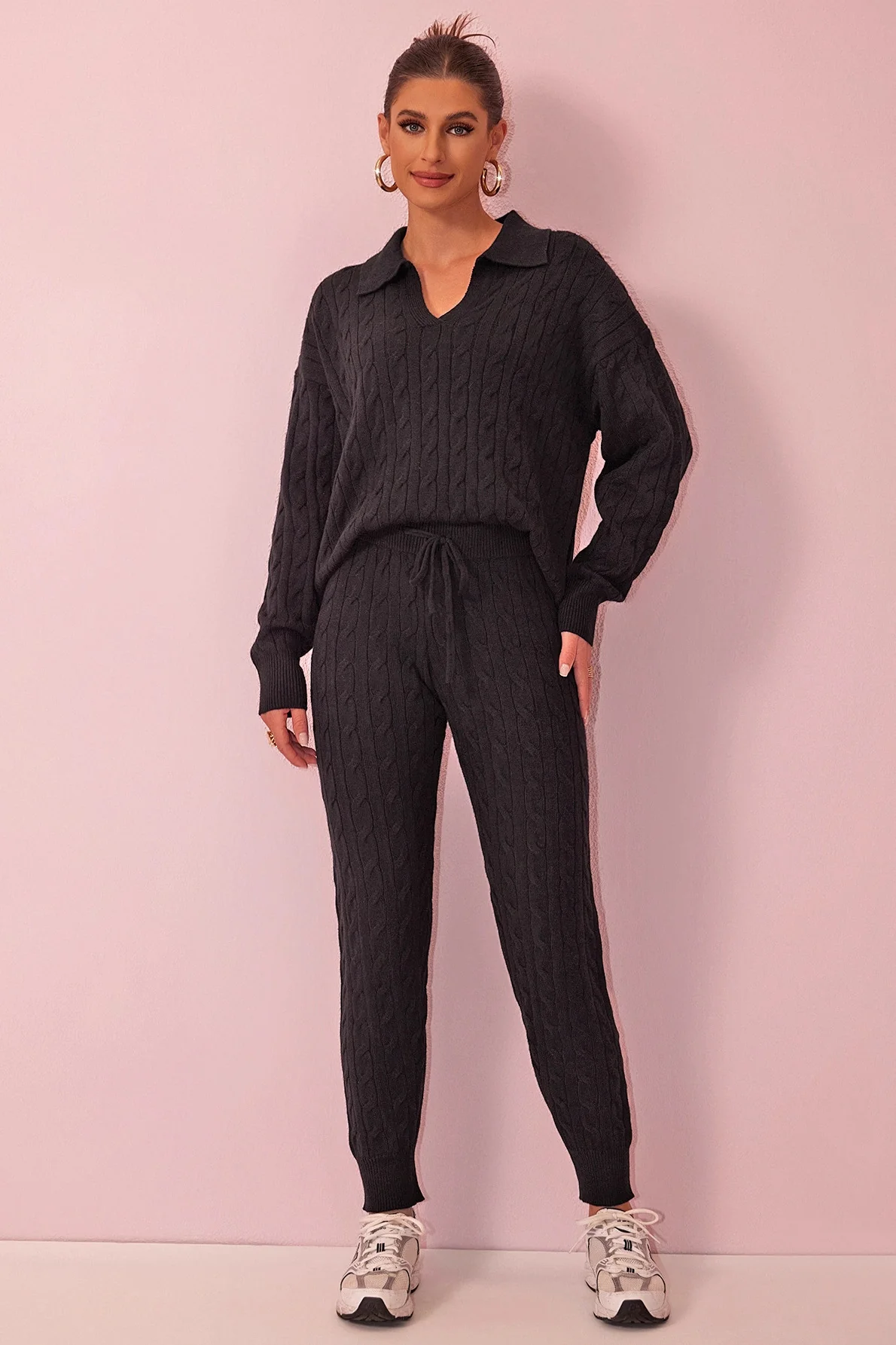 KATCH ME V Neck Cable-Knit Sweater & Drawstring Waist Pants Co-ord Set