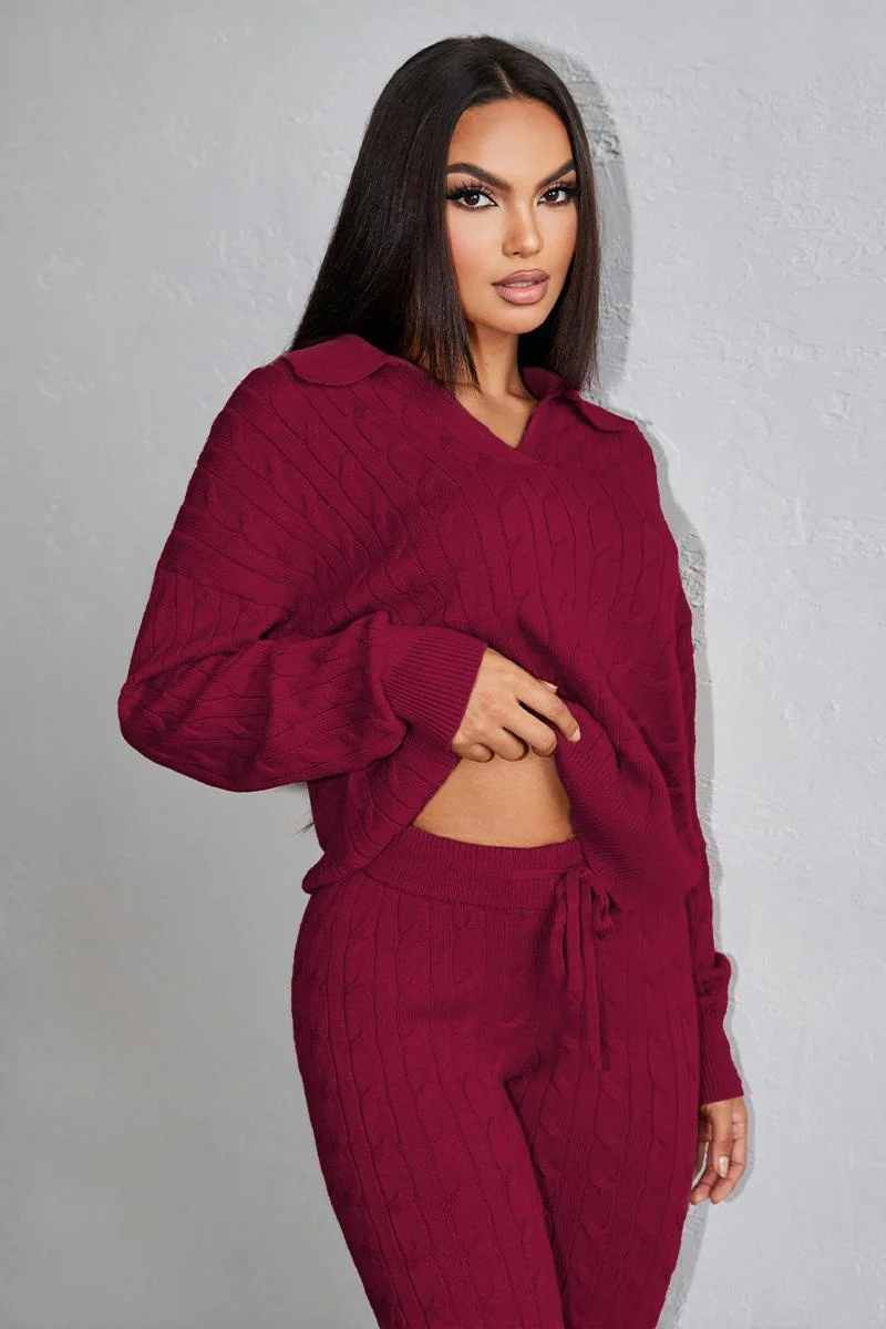 KATCH ME V Neck Cable-Knit Sweater & Drawstring Waist Pants Co-ord Set - Image 8