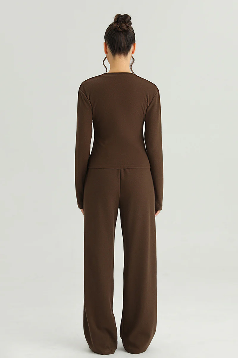 KATCH ME V-Neck Button Tailored Top & High Waist Wide Leg Trousers Co-ord Set - Image 2