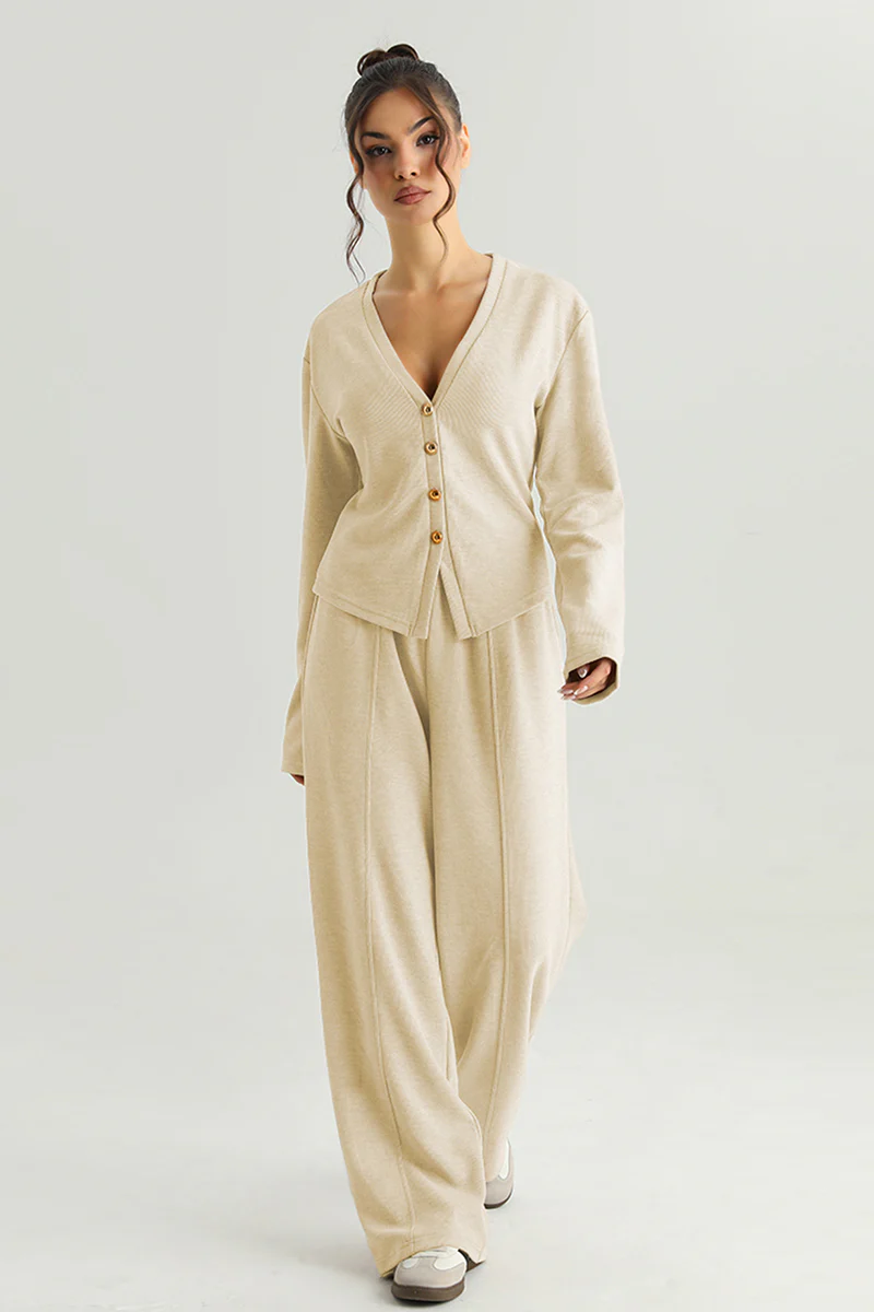 KATCH ME V-Neck Button Tailored Top & High Waist Wide Leg Trousers Co-ord Set - Image 3