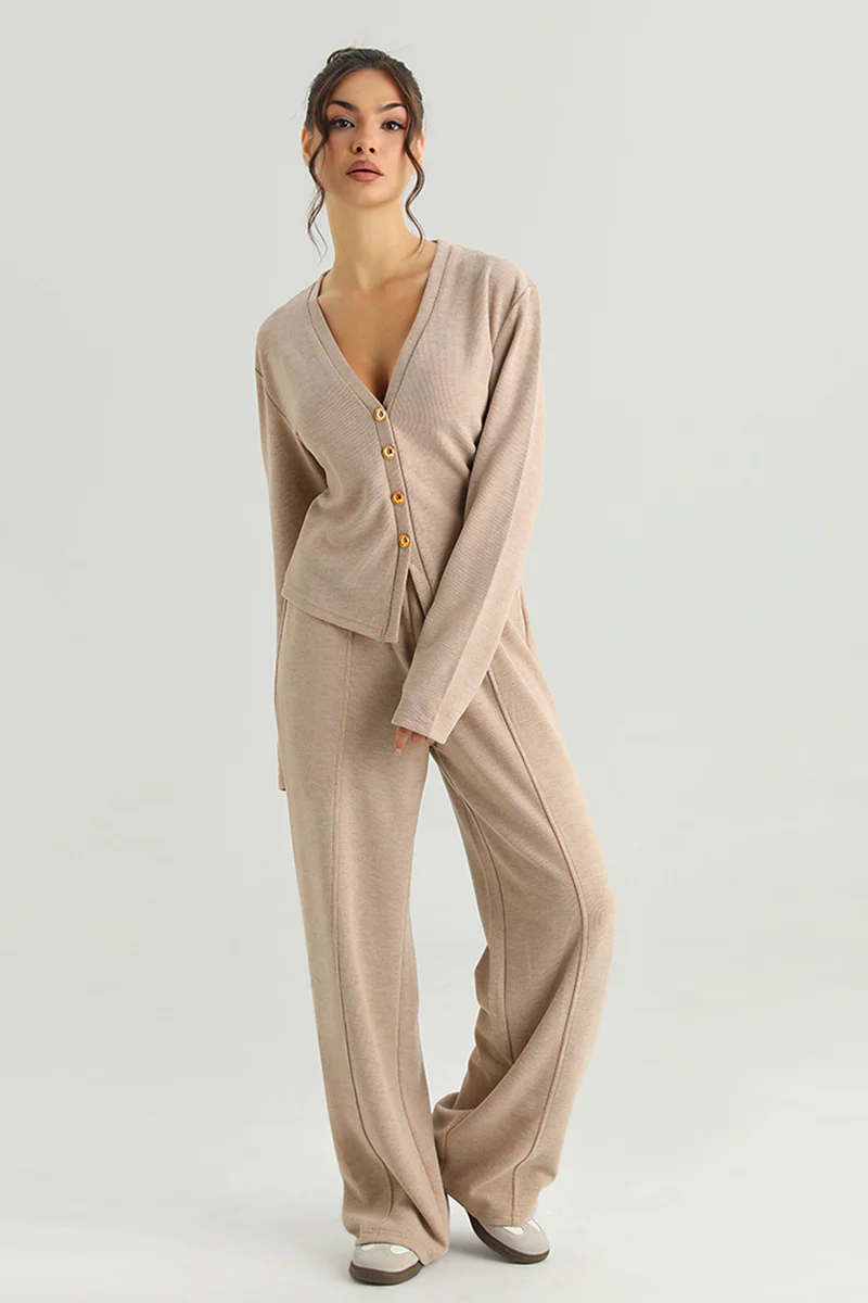 KATCH ME V-Neck Button Tailored Top & High Waist Wide Leg Trousers Co-ord Set - Image 5