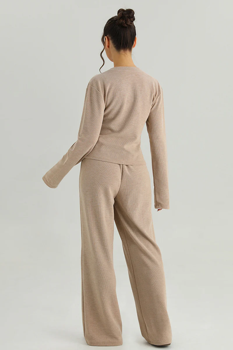 KATCH ME V-Neck Button Tailored Top & High Waist Wide Leg Trousers Co-ord Set - Image 6