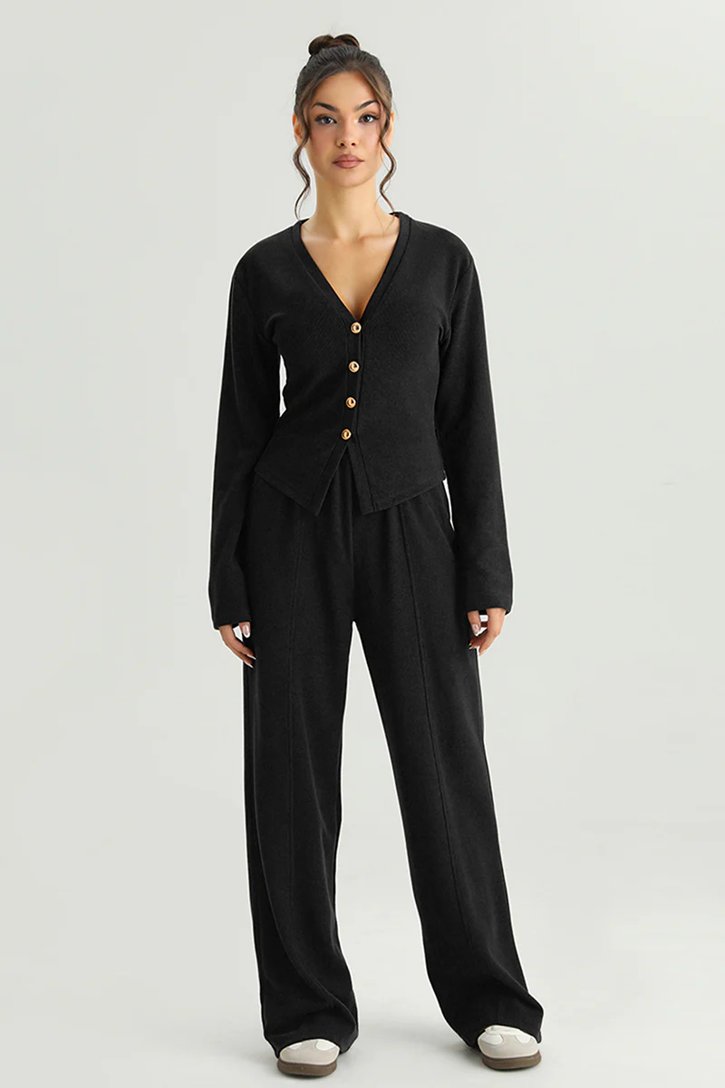 KATCH ME V-Neck Button Tailored Top & High Waist Wide Leg Trousers Co-ord Set - Image 7